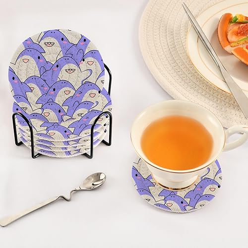 Miniatura 5 de Coasters Set with Holder 6 Pack Coasters for Drinks Absorbent Home Coasters Porta Vasos para Mesas Funny Cute Sharks