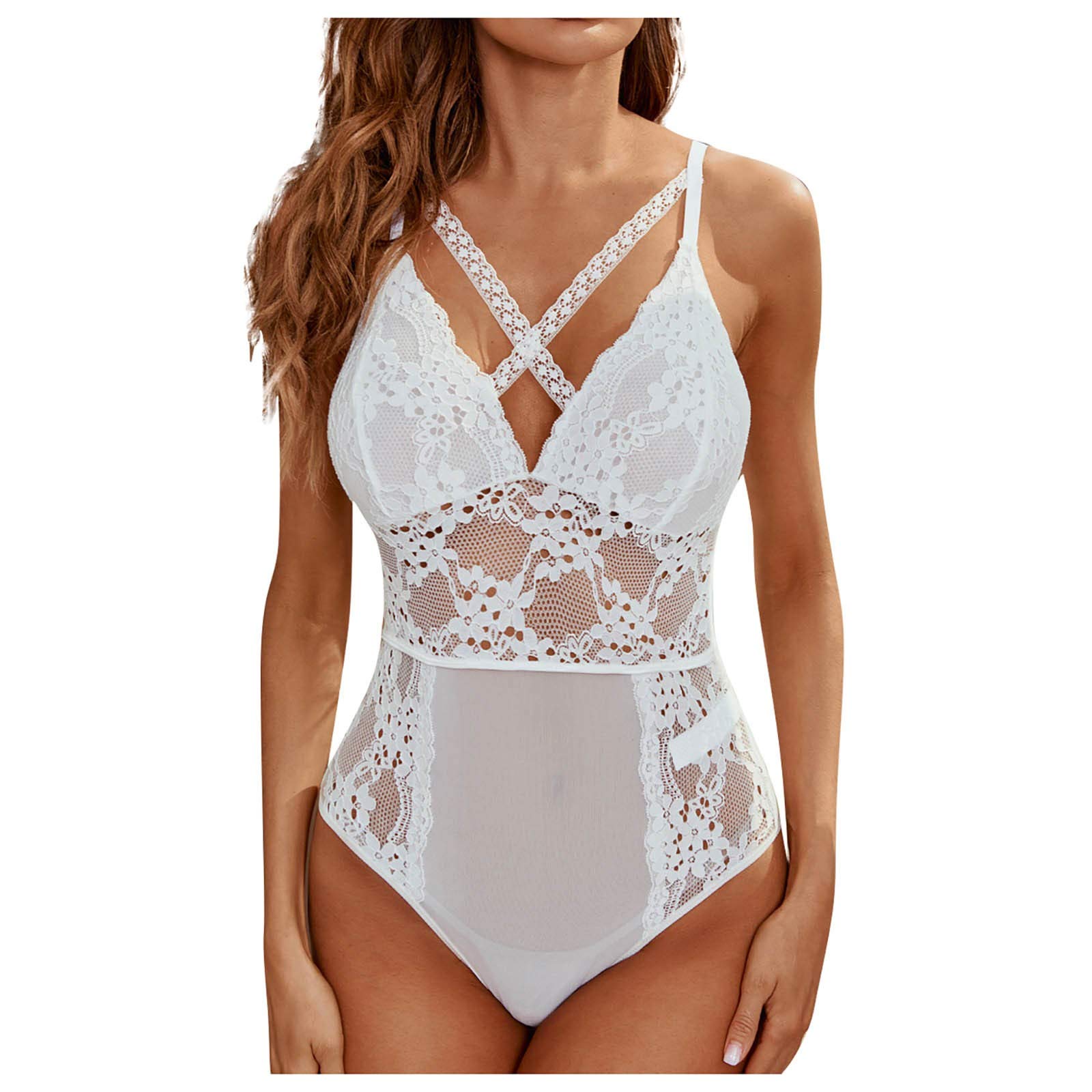 Damen-Body, Dessous, sexy, rückenfrei, EIN Spitzen-Pyjama, schwarzer Overall, Kleidung für Damen, sexy Dessous (weiß, XL)