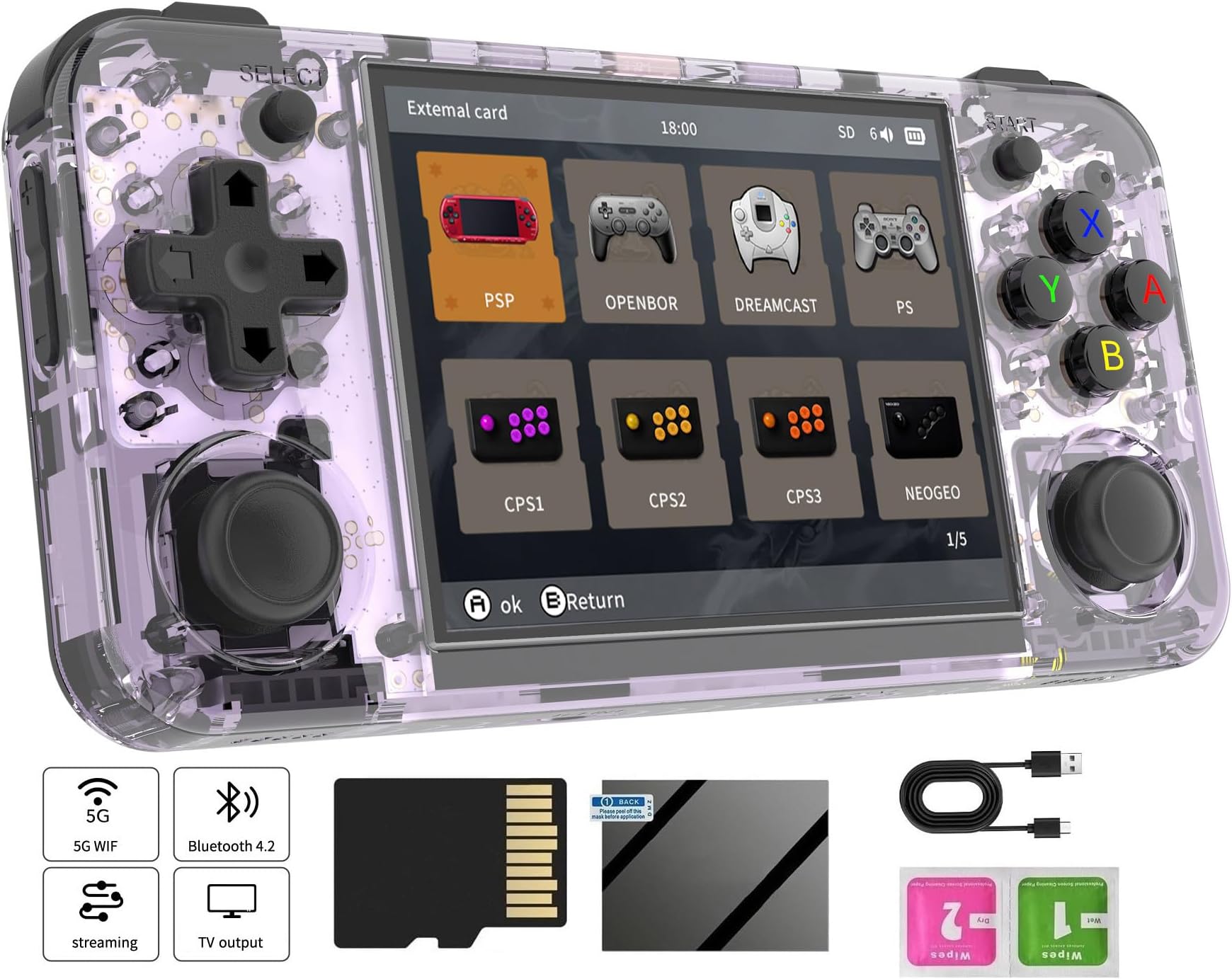 Voacle RG35XX H Retro Handheld Game Console , 3.5 Inch IPS Screen Linux System Built-in 64G TF Card 3300mAh Battery(Purple)