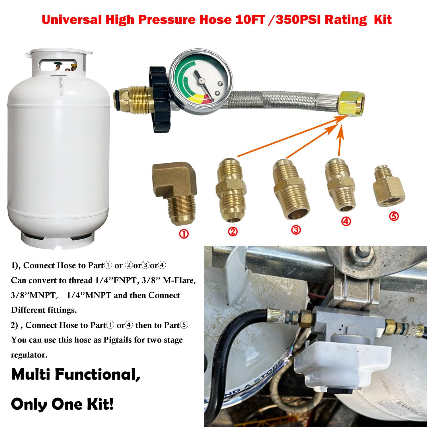 Mensi Manguera de gas propano de 3/8 pulgadas, accesorios de 1/4 pulgadas NPT macho de 3/8 pulgadas macho de 1/4 pulgadas, codo invertido macho de 1/4 pulgadas, kit universal POL regulador de tanque