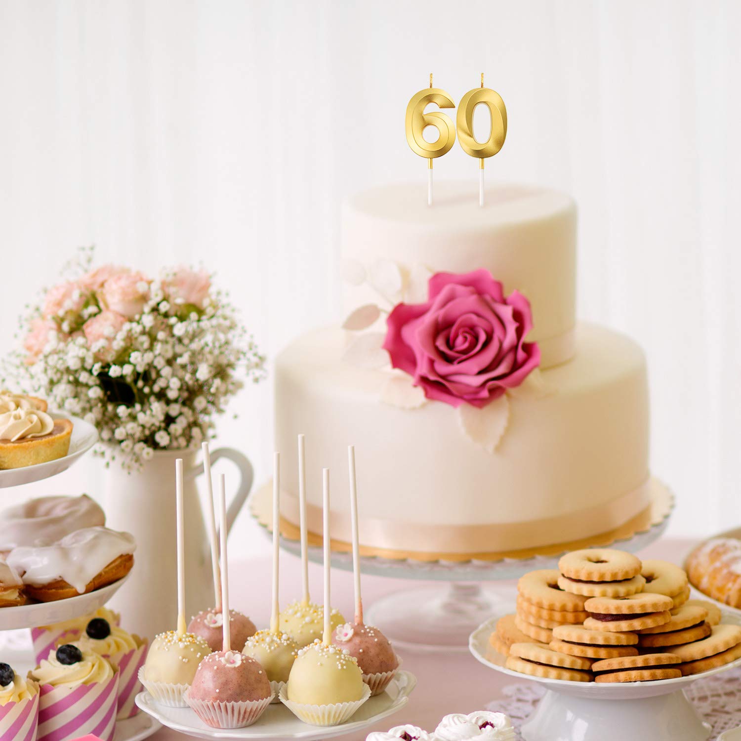 60th Birthday Candles Cake Numeral Candles Happy Birthday Cake Topper Decoration for Birthday Party Wedding Anniversary Celebration Supplies (Gold) 4