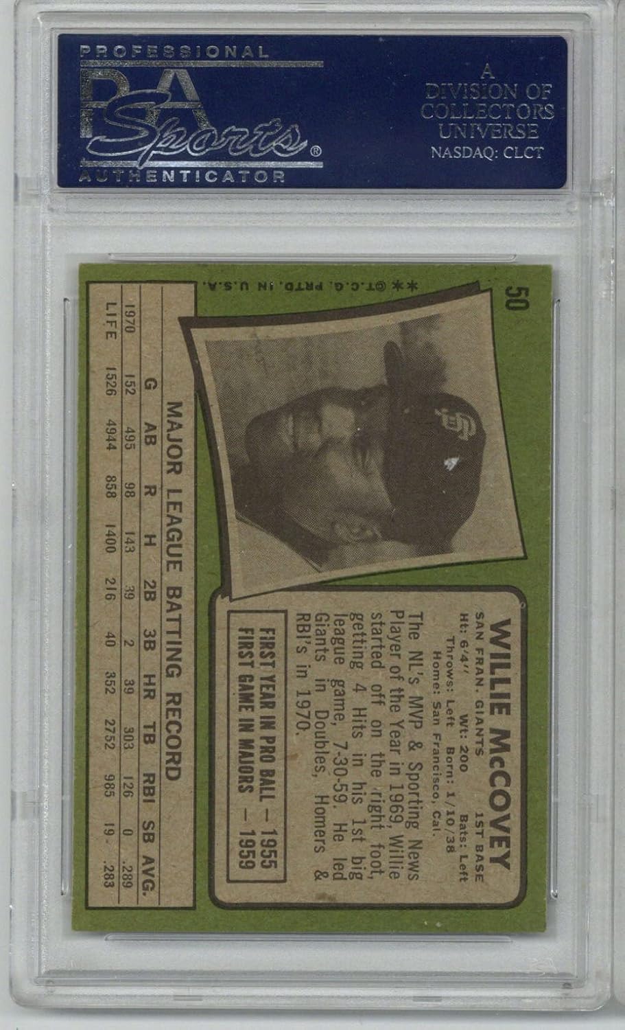 1971 Topps #50 Willie McCovey San Francisco Giants NM PSA 7 Graded Baseball Card