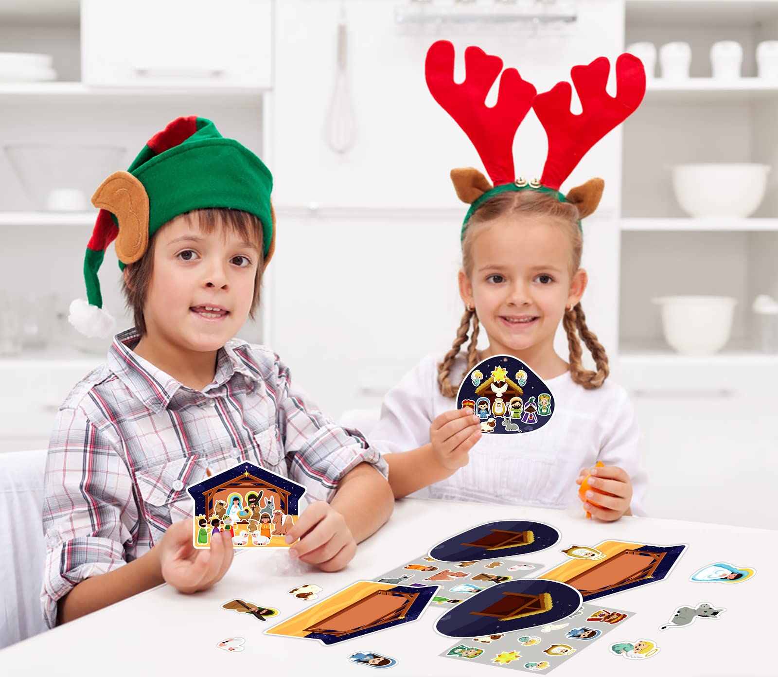 Kit Création Crèche De Noël - 36 Pièces (Autocollants, Cartes, Rubans) - Activité Enfant - Décoration Religieuse