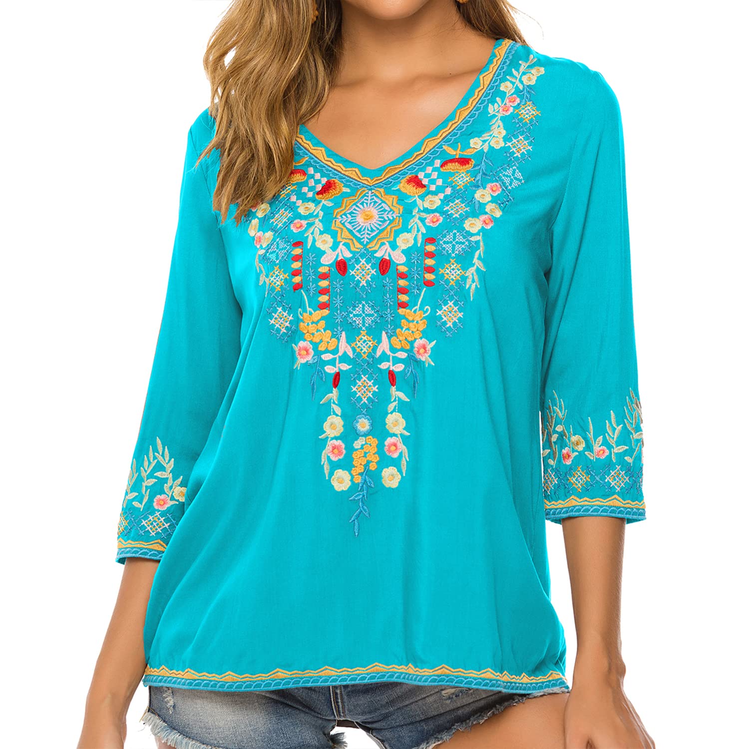 Hippie Kleidung Damen Bohemian Folklore Stickerei Bluse 3/4 äRmel V Ausschnitt Tunika Sommer LäSsige Oberteil