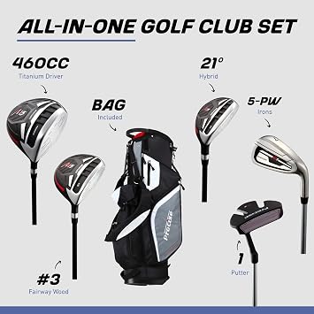 Precise M5 Men's Golf Set 460cc Driver, Fairway Wood, Hybrid, 5-PW Irons, Putter & Stand Bag | Complete 14-Piece Golf Club Set