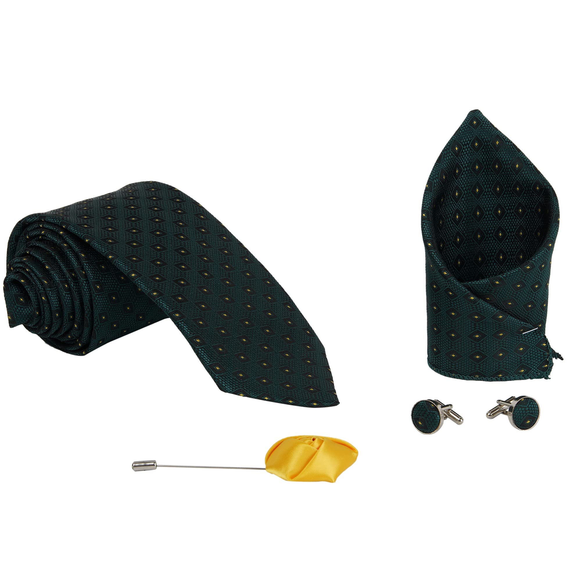 Men's Printed Microfiber Necktie Gift Set with Pocket Square, Cufflinks and Lapel Pin (Green) (M-36)-image-20