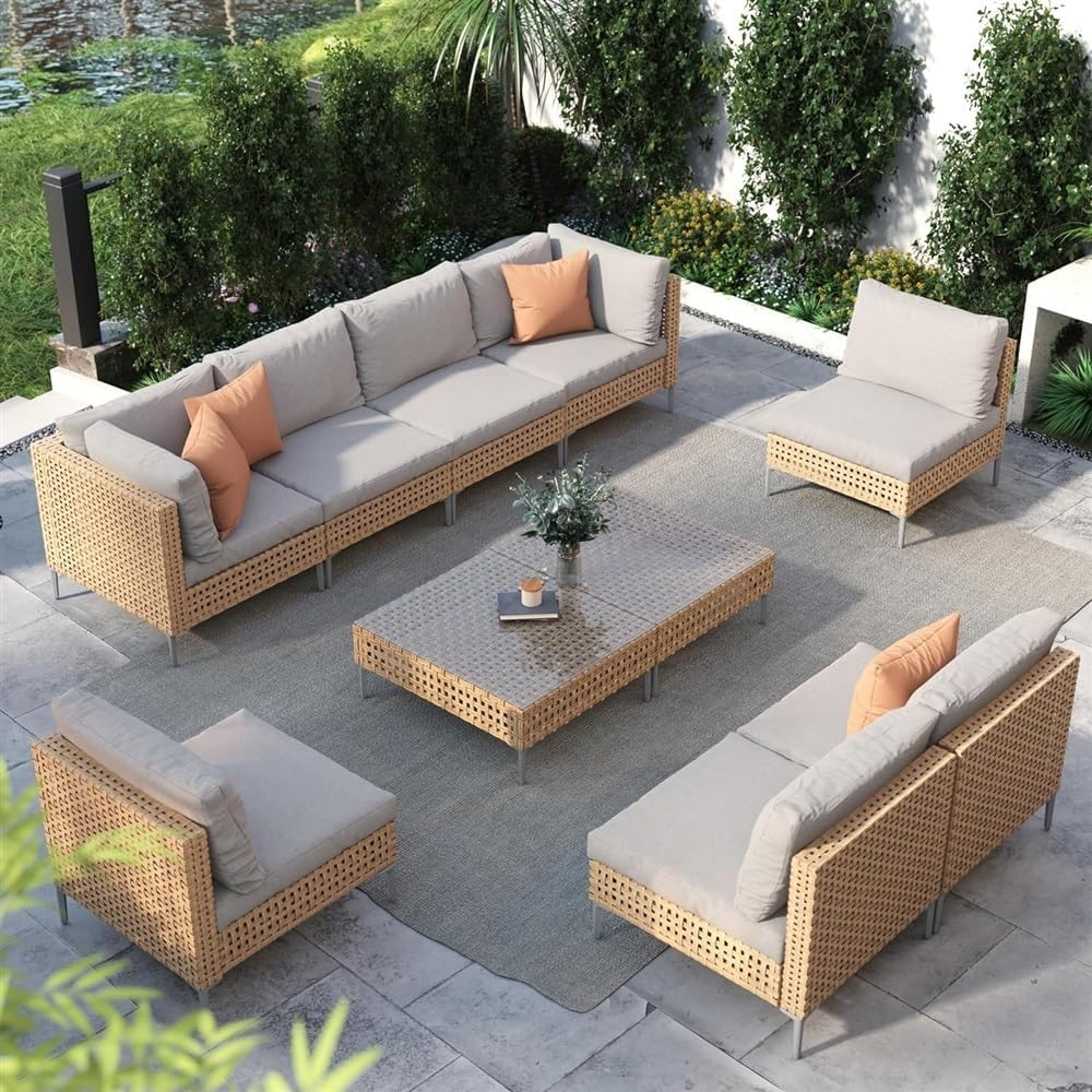 10 Piece Patio Furniture Set, All Weather Wicker Patio Conversation Sets with Water Resistant Beige Thick Cushions and Coffee Table, Outdoor Dining Set, Patio Furniture Outdoor Sectional