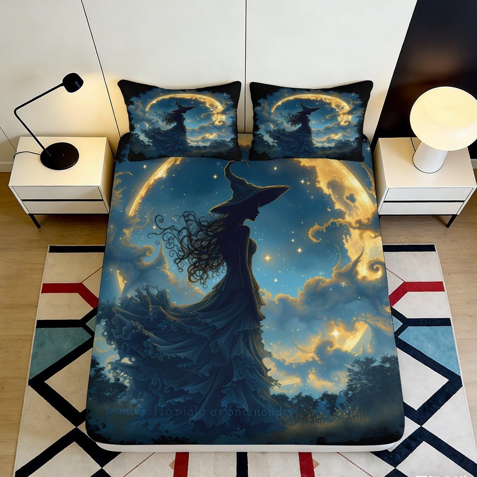 3D Printed Witch Silhouette Fitted Sheet Microfiber Soft Dark Fantasy Moon Mattress Cover for Bedroom Guest Room Decor 90x200x25cm