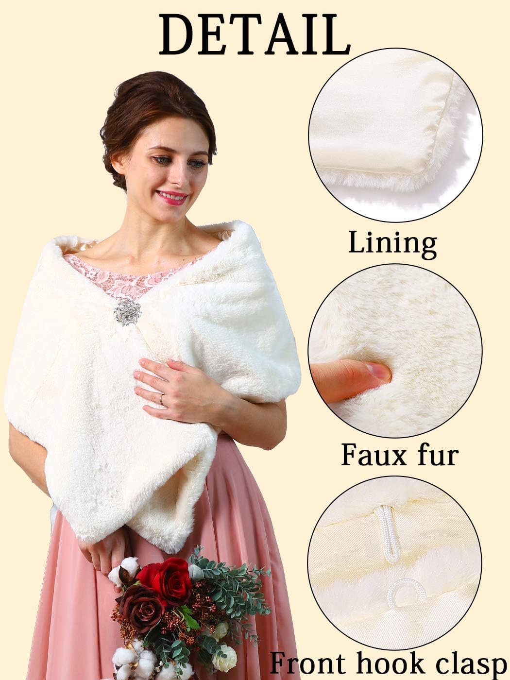 Women's 1920s Wedding Faux Fur Shawls and Wraps Bridal Winter Fur Stoles Scarfs with Brooch for Bride - Image 4