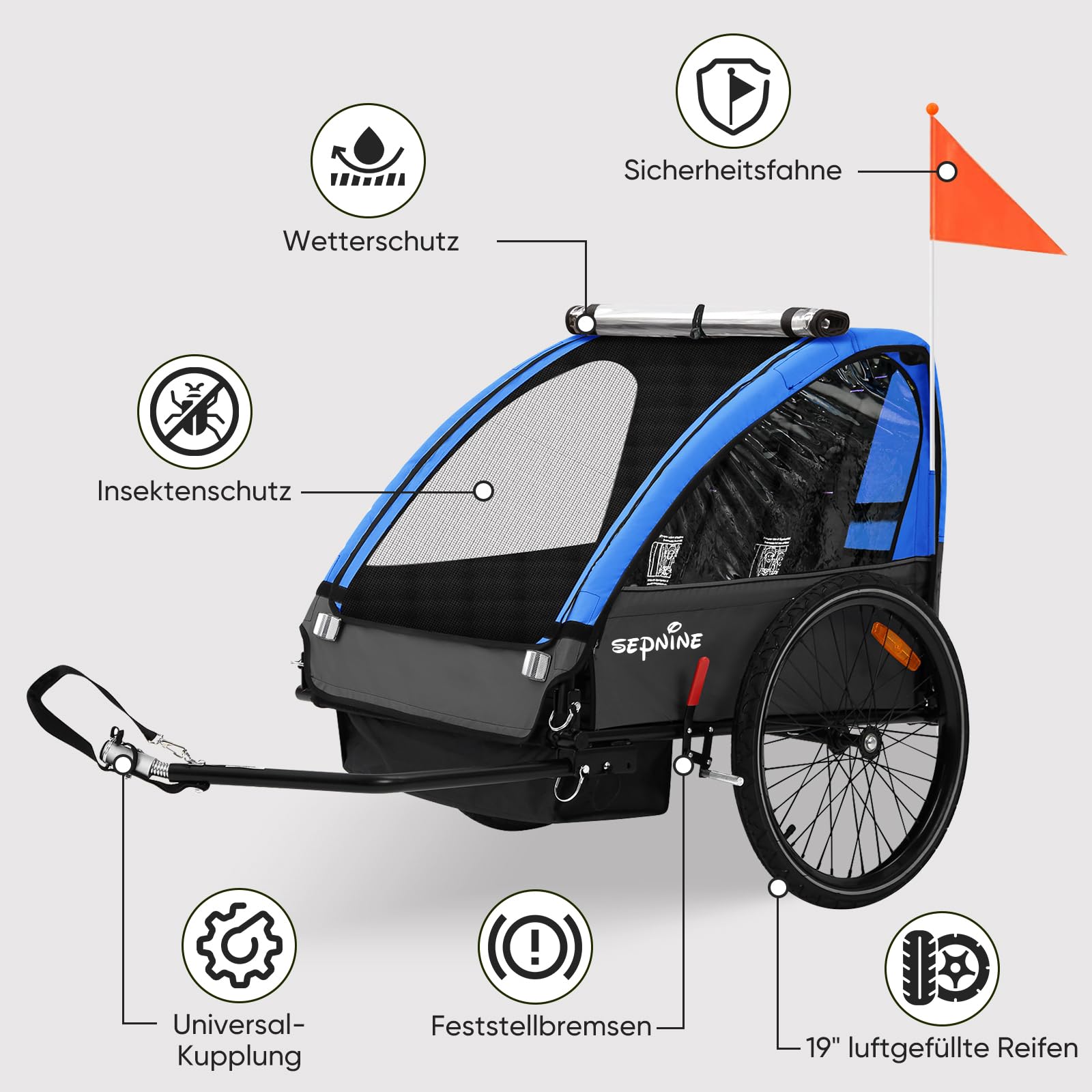 SEPNINE Kinderanhänger für Fahrrad, Fahrradanhänger für 1-2 Kinder, mit 5-Punkt-Sicherheitsgurt, Luftreifen, Handbremse, Faltbar, Max. 40 kg (Dunkelblau)