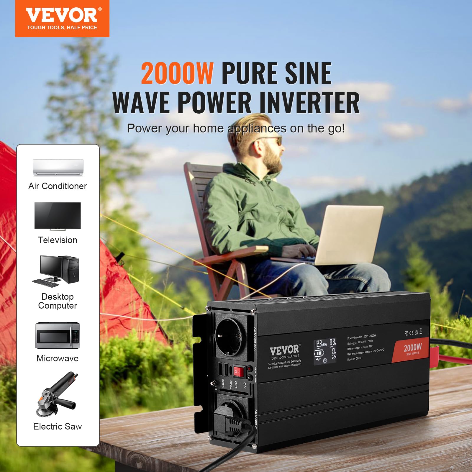 VEVOR Convertitore di Potenza a Onda Sinusoidale Pura, Convertitore di Potenza da 2000 W CC da 12 V a CA 230 V Display LCD e Telecomando per Apparecchiature Domestiche di Medie Dimensioni