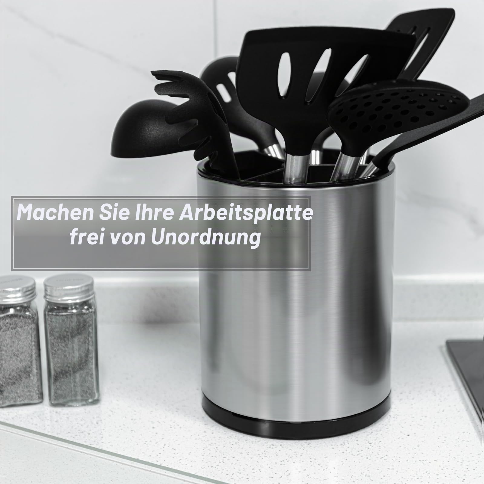 360° drehbar Küchenutensilienhalter für Arbeitsplatte groß Utensilienhalter Küche für Küchentheke Edelstahl Utensil Organizer für die Arbeitsfläche Utensilientöpfe 3 Fächer