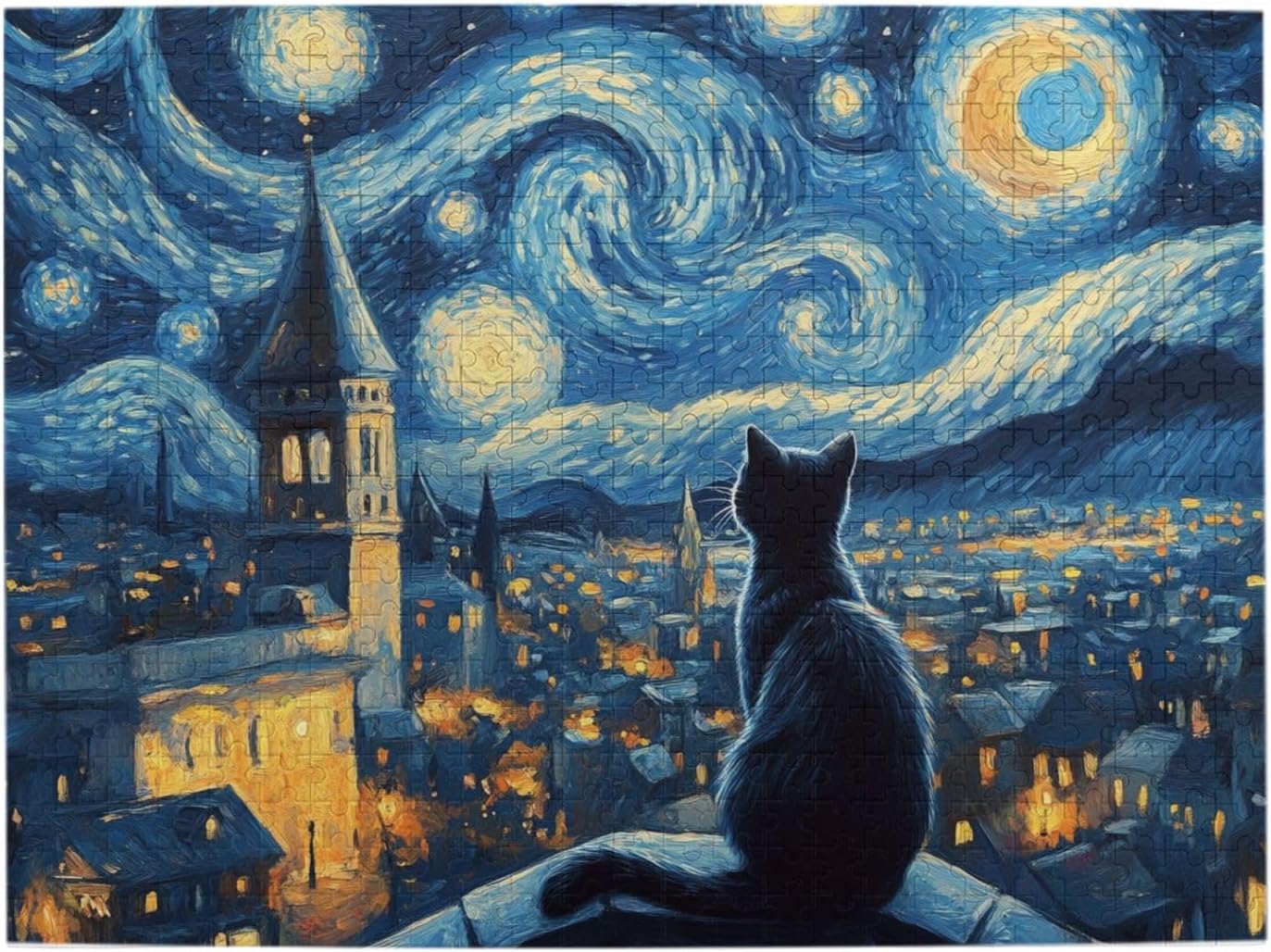 Adult Cat Puzzle 500 Pieces, Wooden Puzzles，Black Cat On Rooftop Overlooking Starry Night City,Classic Starry Night Oil Painting Art，Vacation Stress Relief Game，Relax Yourself
