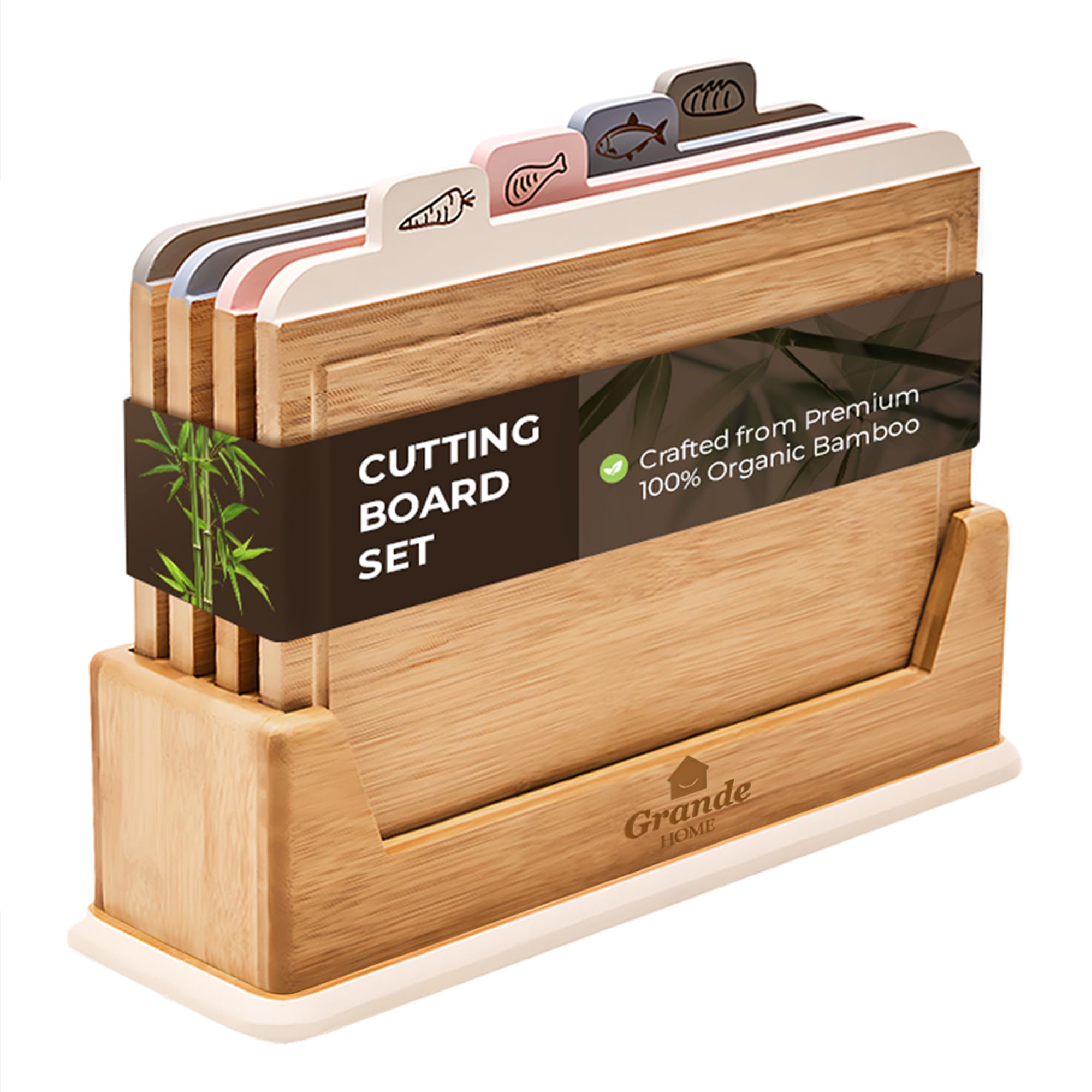 Grande Home Wooden Cutting Boards for Kitchen – 5-Pcs Cutting Board Set with Holder – Natural Bamboo Chopping Board with Juice Groove – Ideal for Vegetables, Meat, Fish, Bread.: Home & Kitchen