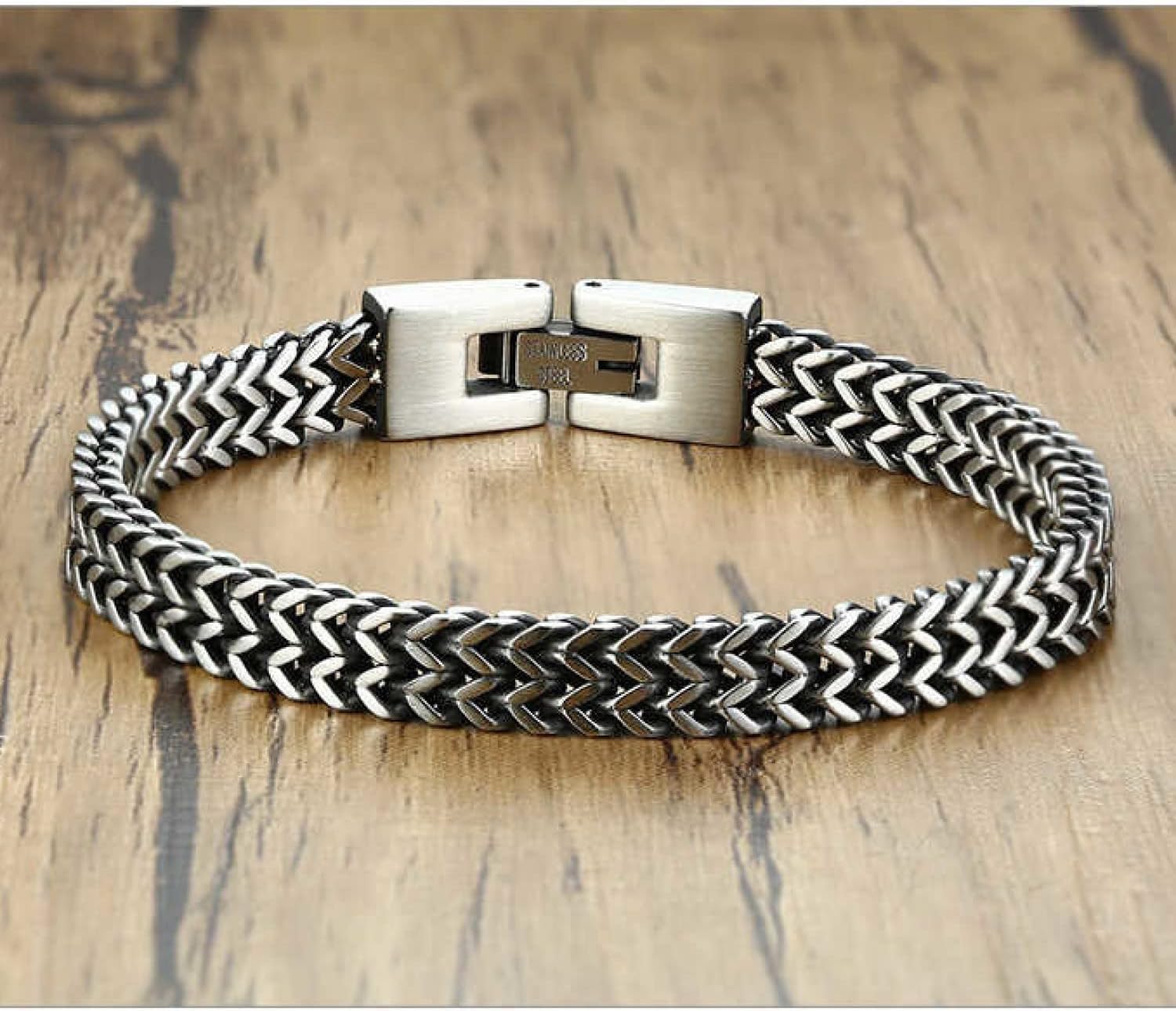 Men’s Stainless Steel Double Franco Chain Bracelet, Vintage Punk Cubic Chain, Retro Link Chain Bracelets for Men Double Overlap Interlocked Curb Chain, Strong Lock Clasp (Vintage, 6.5mm)