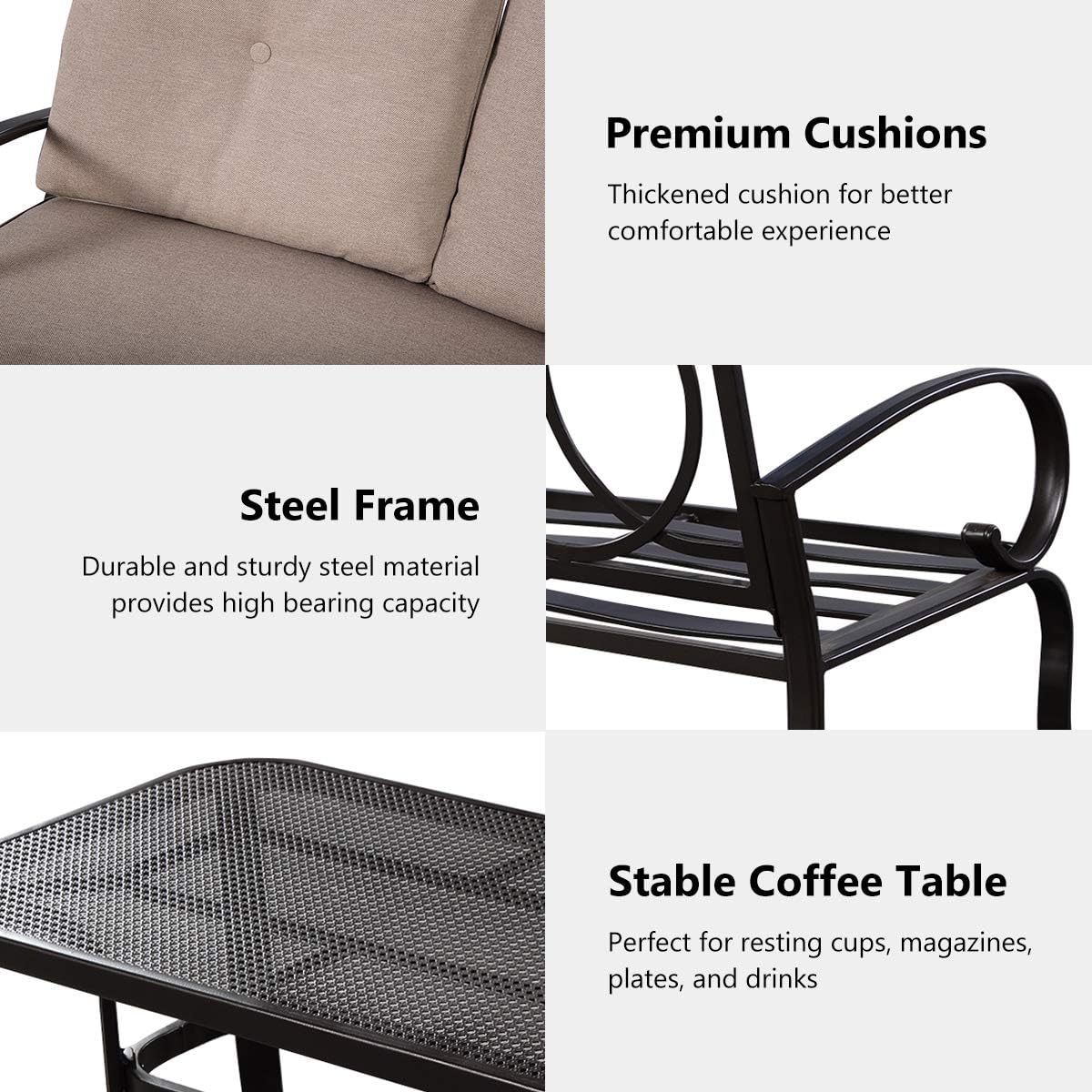 Key features of the DORTALA Patio Furniture Set: Premium Cushions, Steel Frame, Stable Coffee Table