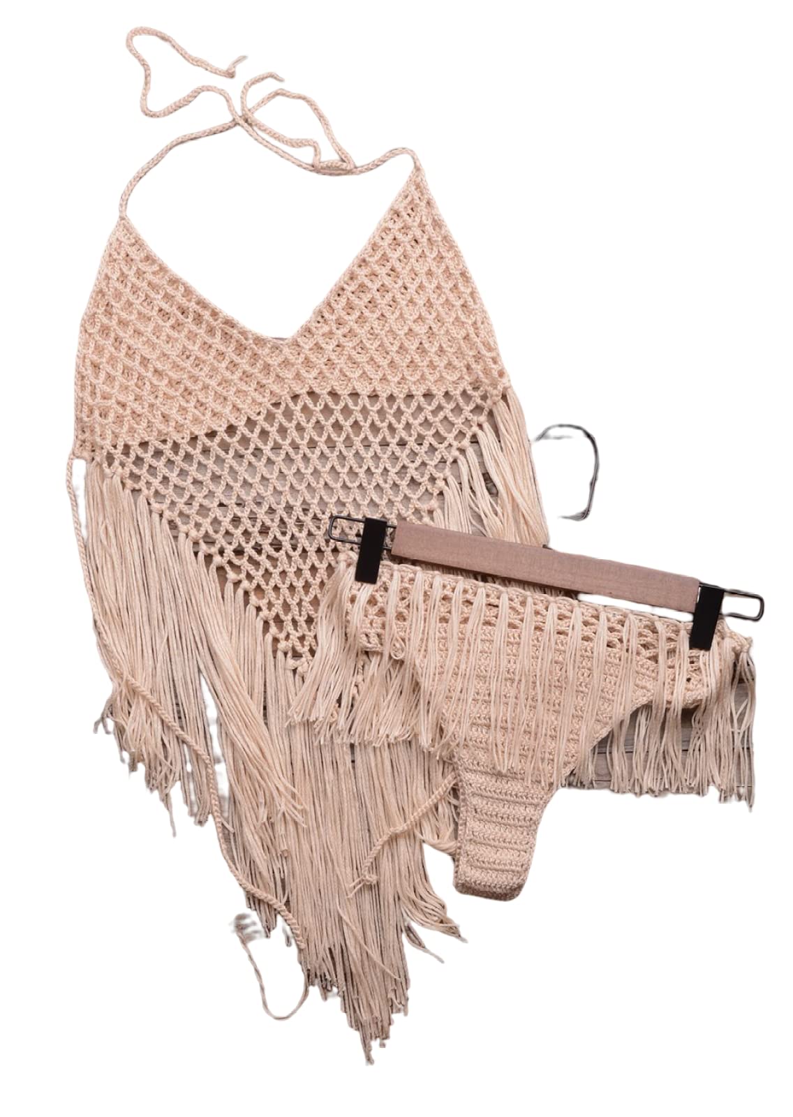 Verano Sexy Mujer Encaje Crochet Hueco Borla Bikini Dos Piezas Traje De Baño Playa Vestido Ropa De Playa Moda Lencería Traje De Baño Ropa