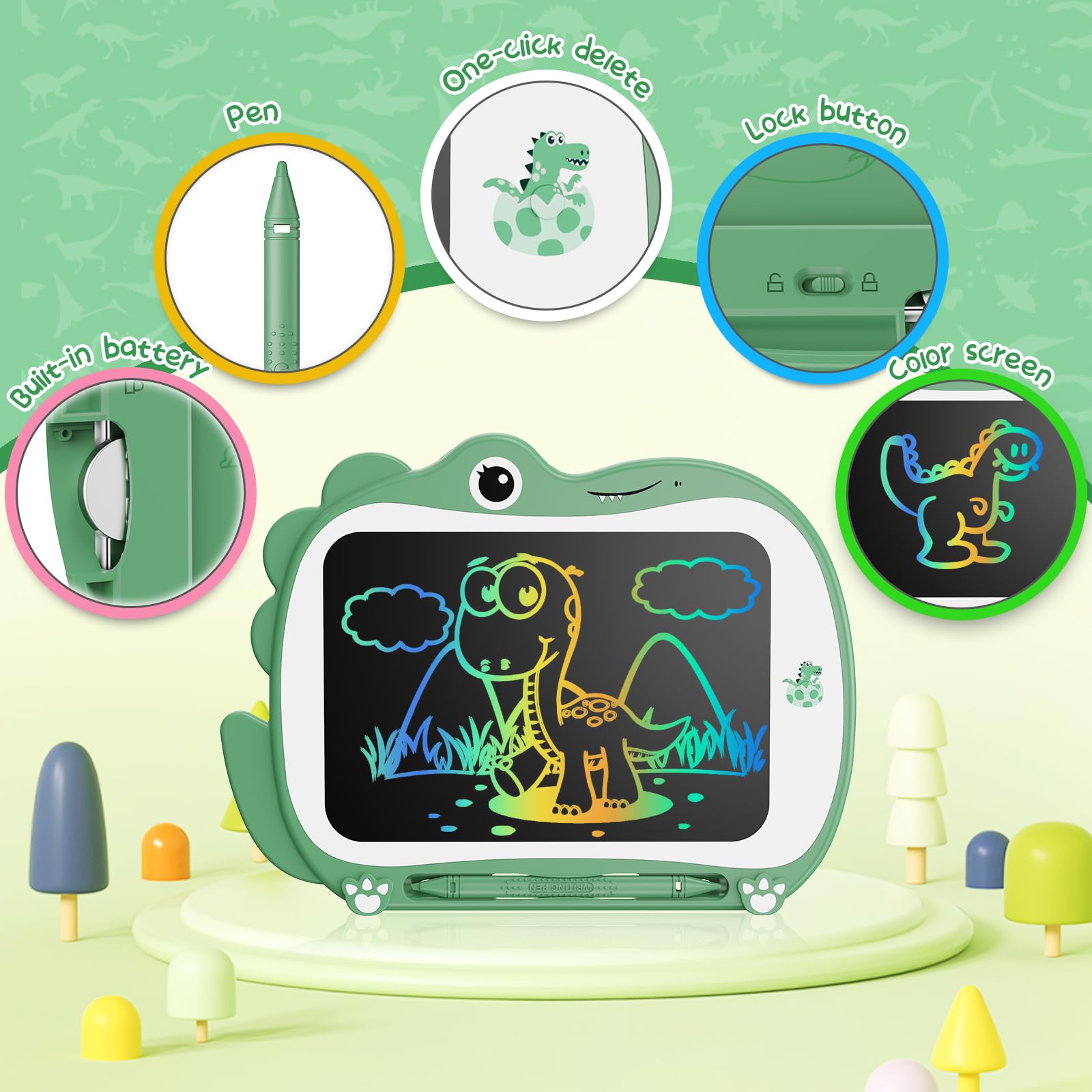 Genialba Dinosauro Tavoletta da disegno LCD da 8.5 pollici Lavagna Giocattolo per bambini Giocattoli educativi Regali di compleanno di Natale Giocattoli per ragazzi e ragazze di 3 4 5 6 anni (Verde)