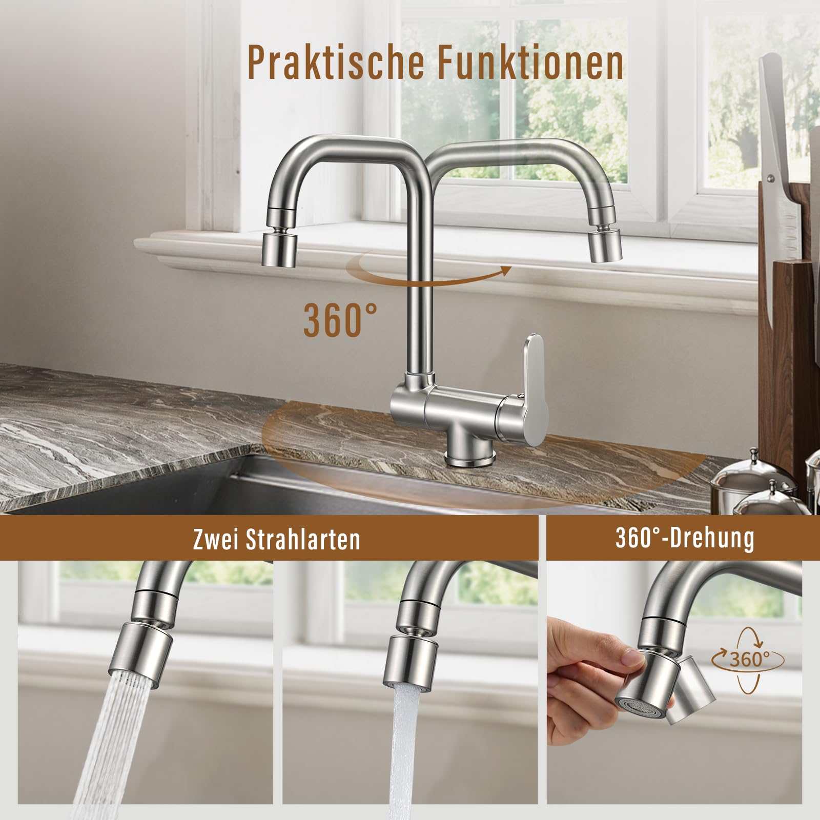 Robinet de cuisine à l'avant, pliable, robinet de cuisine sous fenêtre, robinet d'évier avec 2 types de jet, pivotant à 360°, mitigeur monocommande haute pression, en acier inoxydable