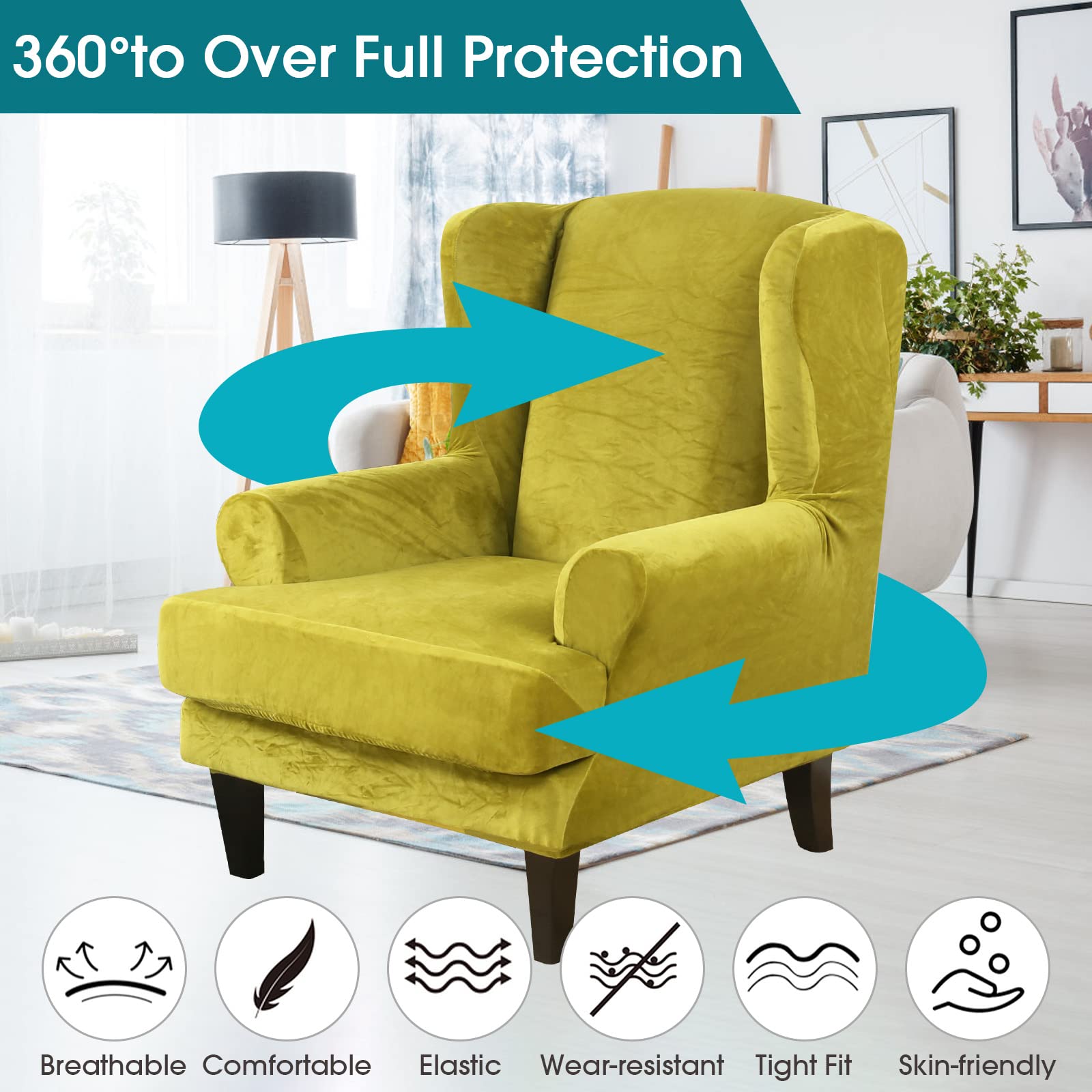 TOPCHANCES Fodera Per Sedia Con Schienale Alato – 2 Pezzi In Elastam Nero – Coprisedia Antiscivolo Con Fodera Per Cuscino