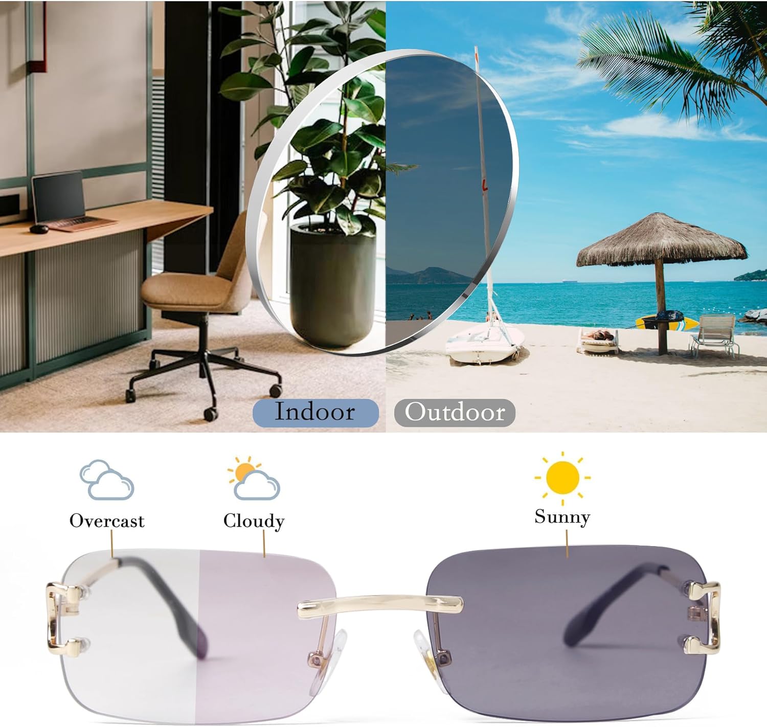 SDINM Photochromic Sunglasses for Men Women Rimless Clear Glasses Small Narrow Rectangle Lens - Image 5
