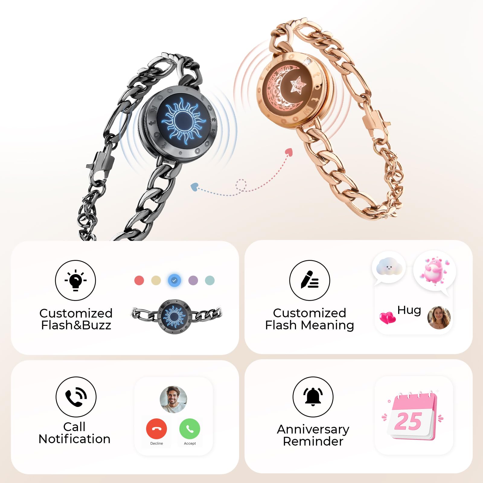 TOTWOO Long Distance Touch Bracelets for Couples Light up & Vibration for Love - Womens Fashion Smart Jewelry Romantic Gift for Girlfriend One-to-One Bluetooth Pairing via App product thumbnail 5