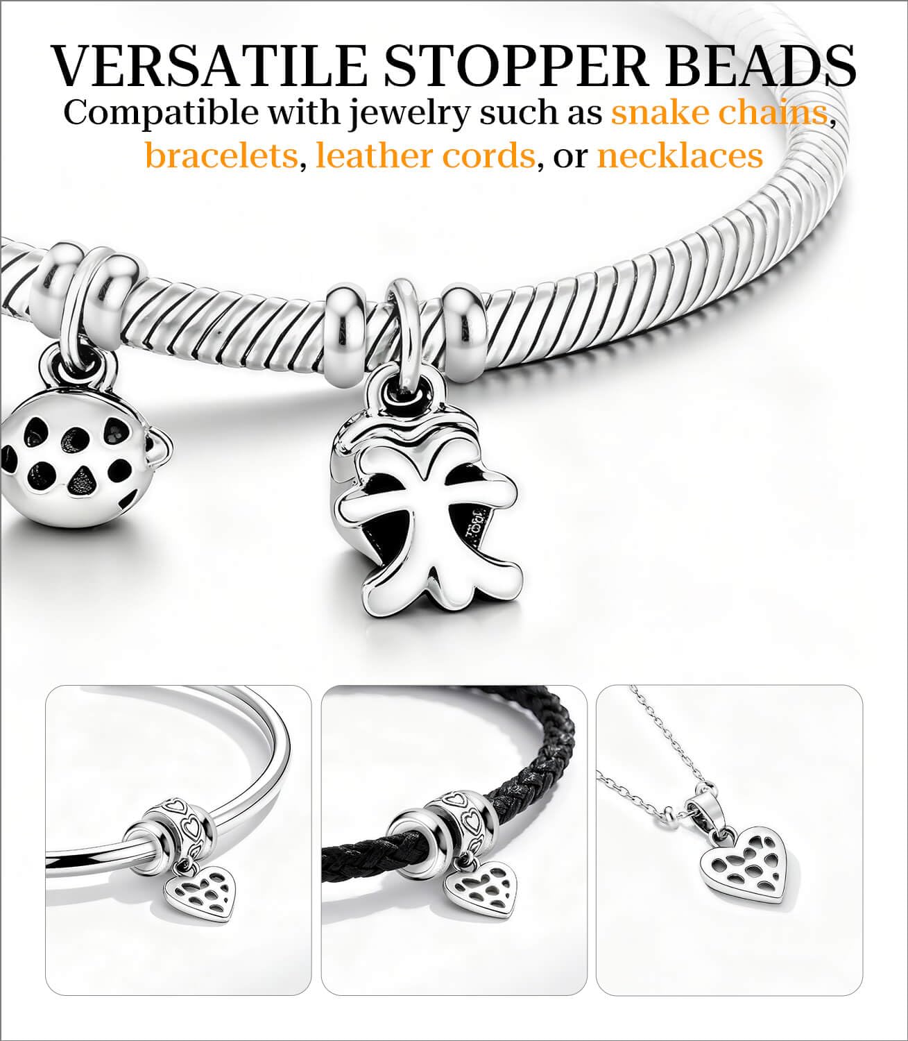 GW Charms Stopper de Breloques pour Bracelet avec Caoutchouc en Argent Sterling 925 Perles Compatible pour Européen Bracelets à Breloques (Argent, Lot de 8)