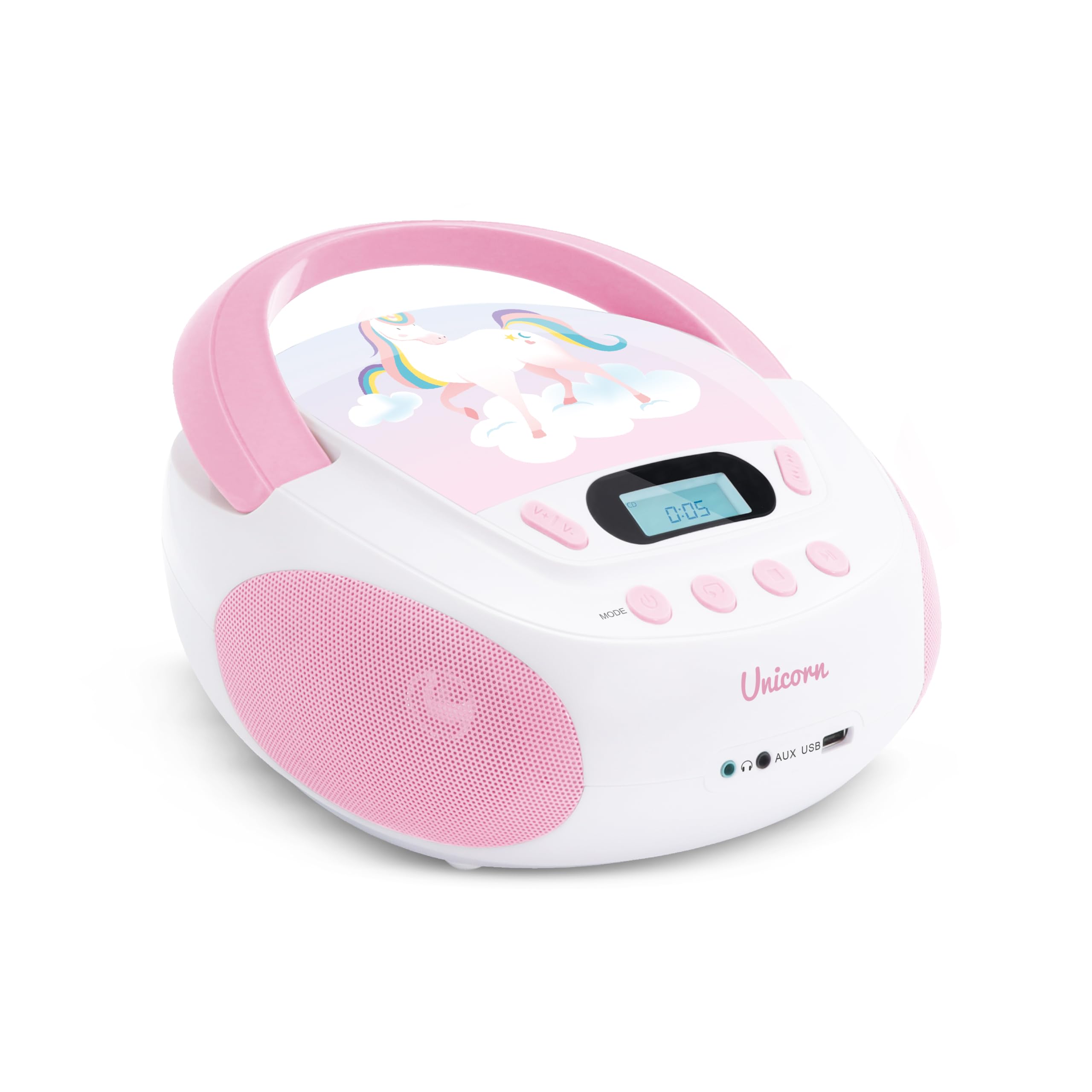 Mooov 477407 - Reproductor de CD portátil, Lector CD Audio CD-R/CD-RW, Puerto USB para MP3, Sonido estéreo de 6W, asa ergonómica, Unicornio