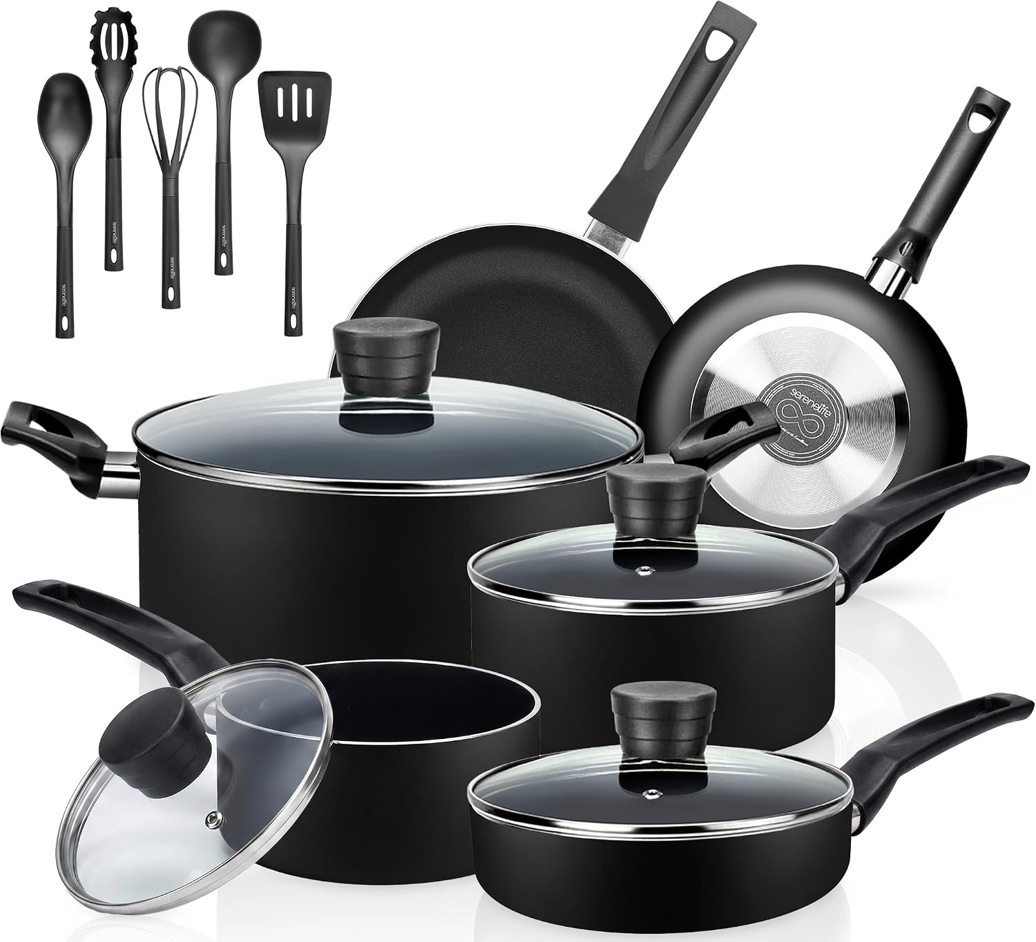 SereneLife Kitchenware Pots & Pans Basic Kitchen Cookware, Black Non-Stick Coating Inside, Heat Resistant Lacquer (15-Piece Set), One Size