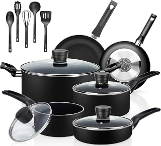 SereneLife Küchenutensilien, Basis-Topf und Pfannen, schwarze Antihaftbeschichtung im Inneren, hitzebeständige Lackierung (15-teiliges Set), eine Größe
