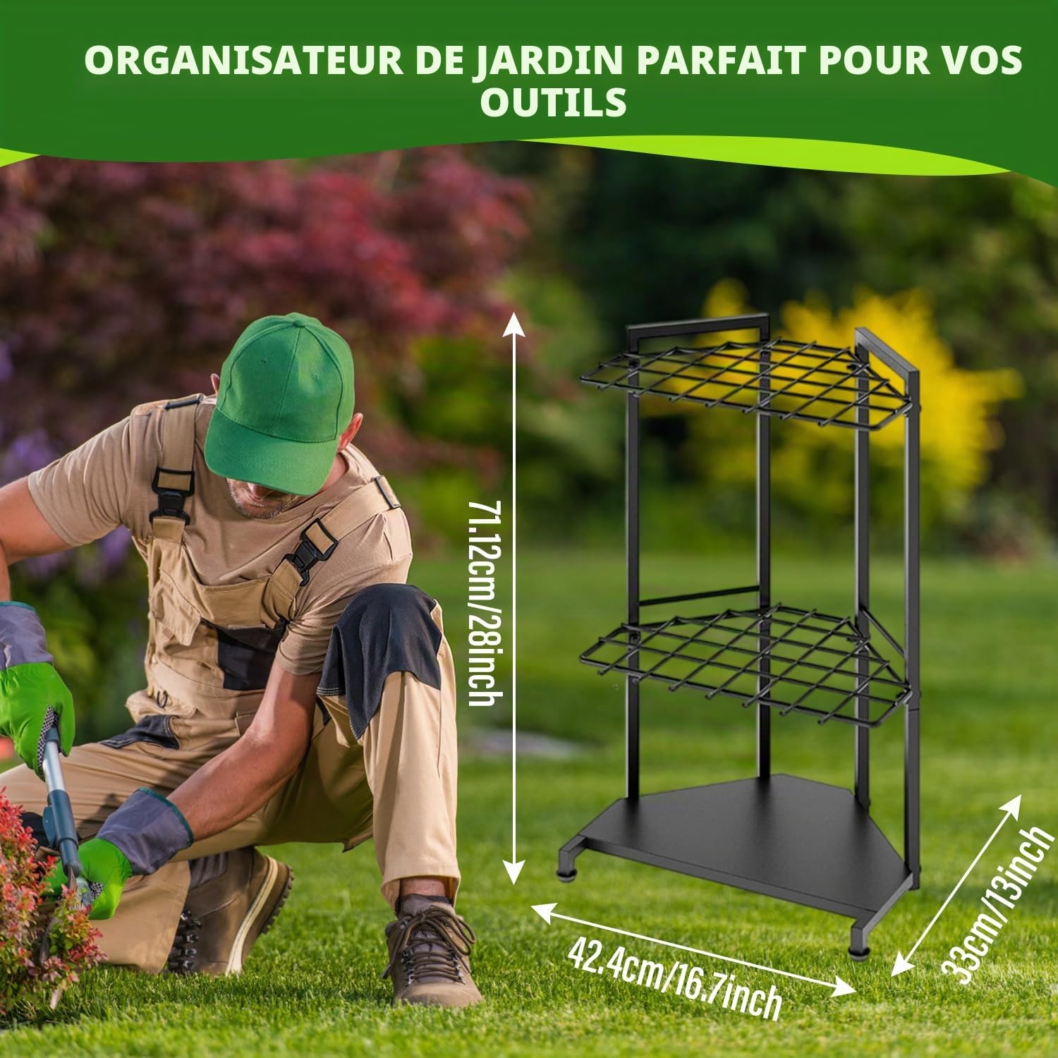 Organisateur d'outils de jardin avec crochets, étagère de rangement, rangement d'outils de jardin pour garage, abri de jardin, cour