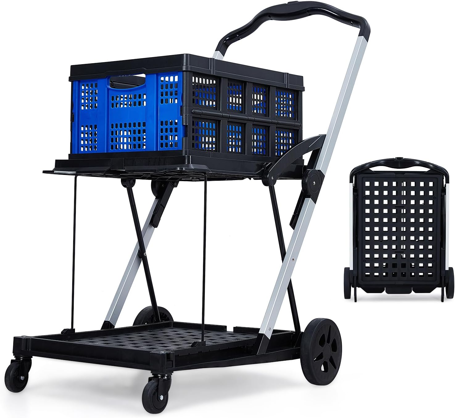 2-Tier Collapsible Shopping Cart, Foldable Grocery Cart with 198 lb Capacity, Wheels & Removable Crate, Portable Utility Trolley for Home, Groceries, Supermarket, Mall, Market, Blue