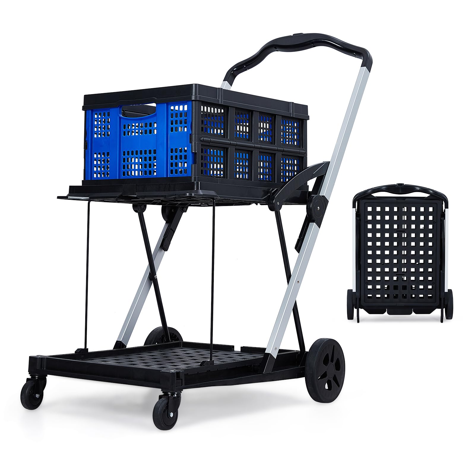 Condition photo showing New/Like New for 2-Tier Collapsible Shopping Cart, Foldable Grocery Cart with 198 lb Capacity, Wheels & Removable Crate, Portable Utility Trolley for Home, Groceries, Supermarket, Mall, Market, Blue