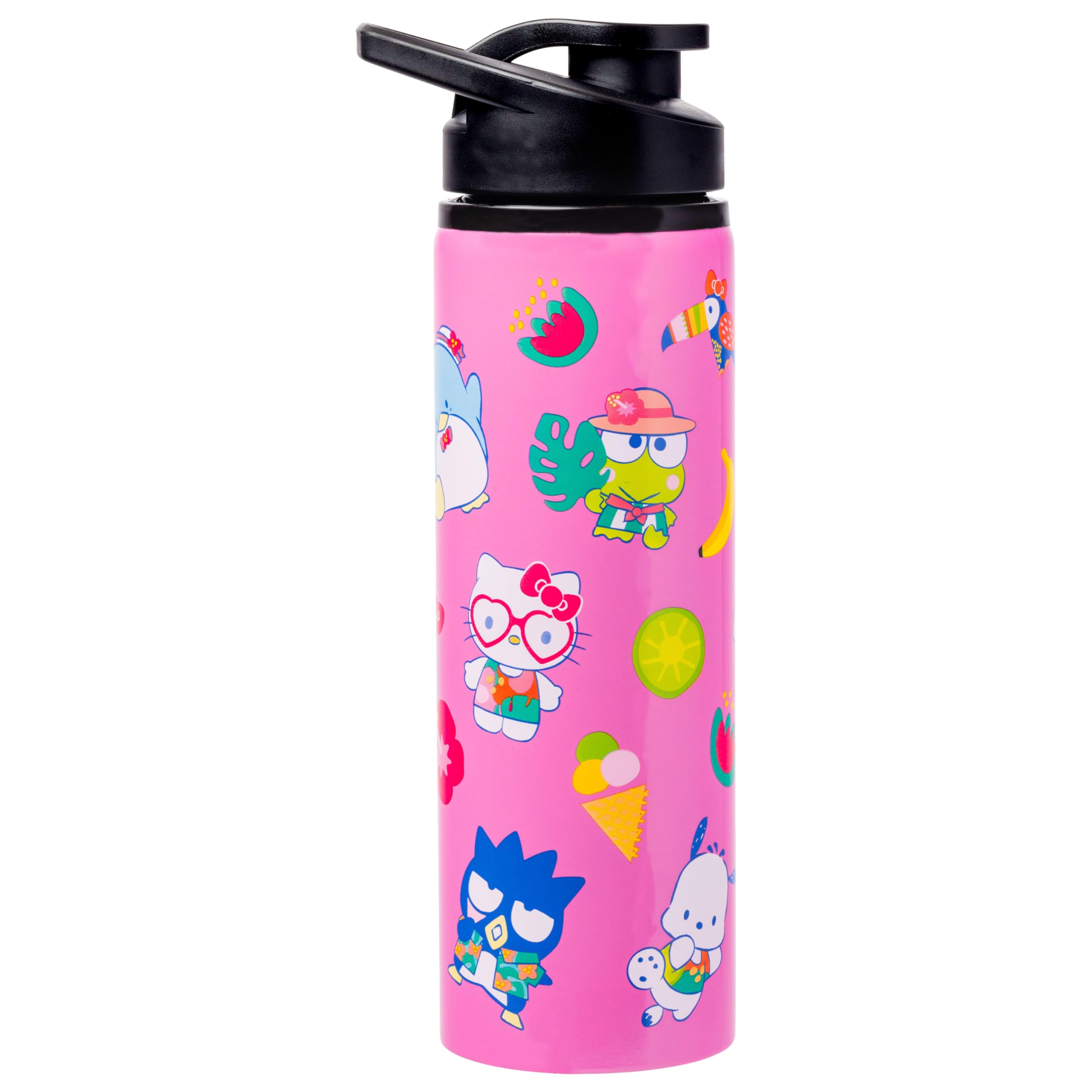 Silver Buffalo Sanrio Hello Kitty and Friends Tropical Stainless Steel Water Bottle Featuring Keroppi, Tuxedo Sam, Badtz-Maru, and Pochacco, 25 Ounces