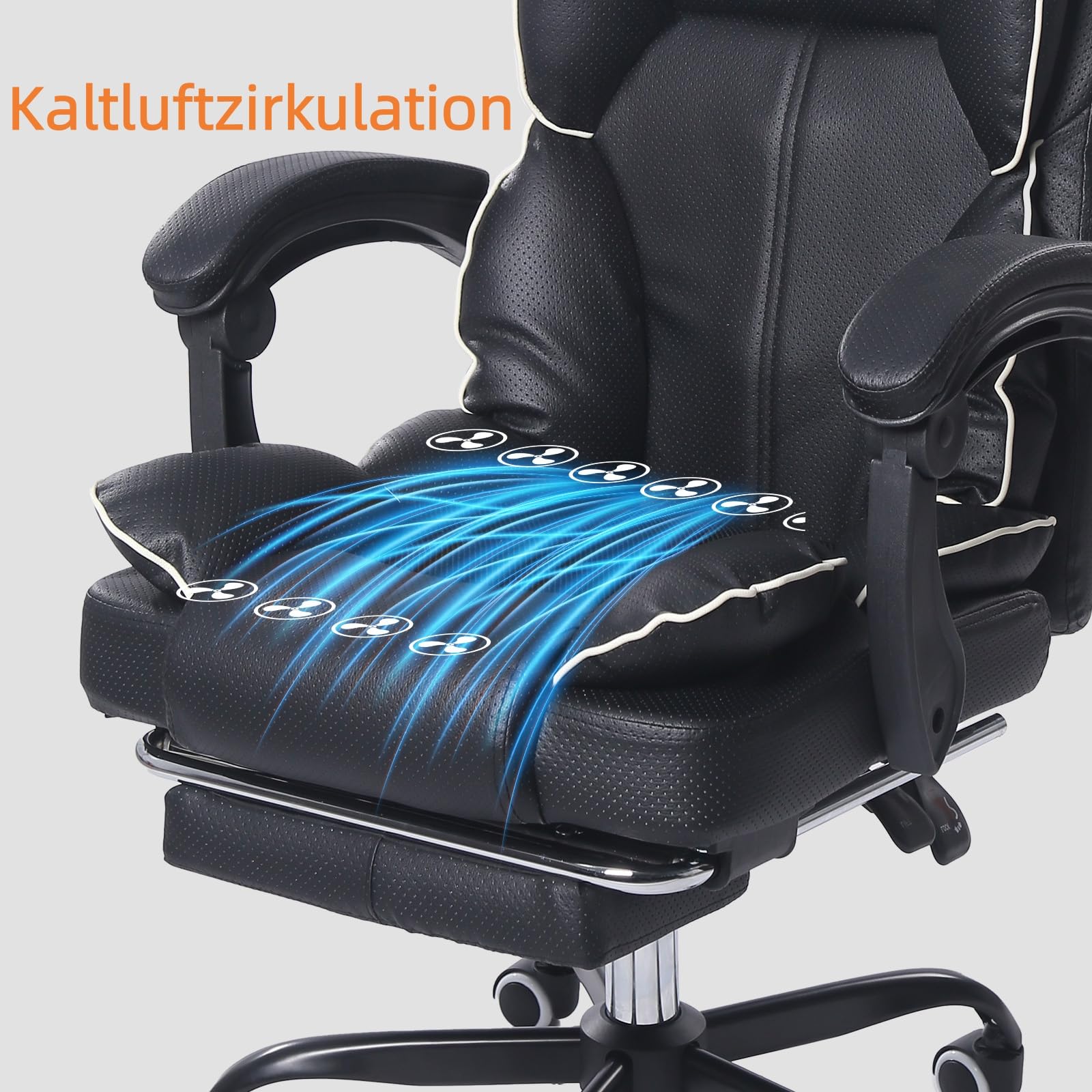 Ergonomischer Gaming‑Stuhl mit Ventilator, Luftkühler und Kühlung – Belüfteter Kühlsitz, Bürostuhl mit Liegefunktion, sanfte Vibrationsmassage, Chefstuhlmit mehrwinkliger Verstellung(Schwarz)