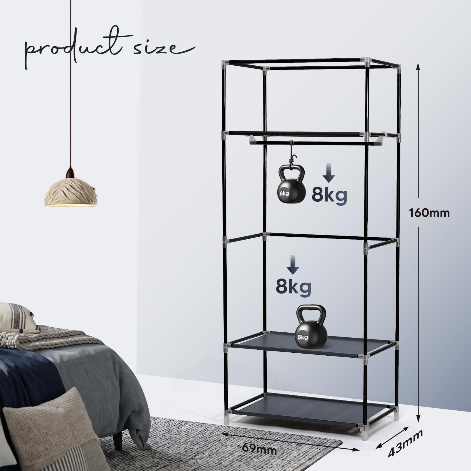 Hododou Armadio in tela portatile per camera da letto, armadio pieghevole con binario di sospensione e mensole, per vestiti, borse, giocattoli, scarpe, 160 x 59 x 43 cm, grigio