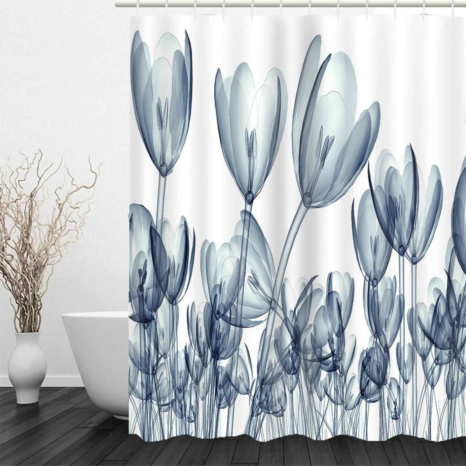 Rideau Douche Et Tapis Bain Occultant Fenetre Salle sans Percage Fleurs Retro Grand Rideaux Bleu Foncé Parfait pour Les Salles Bains Familiales 220x180cm
