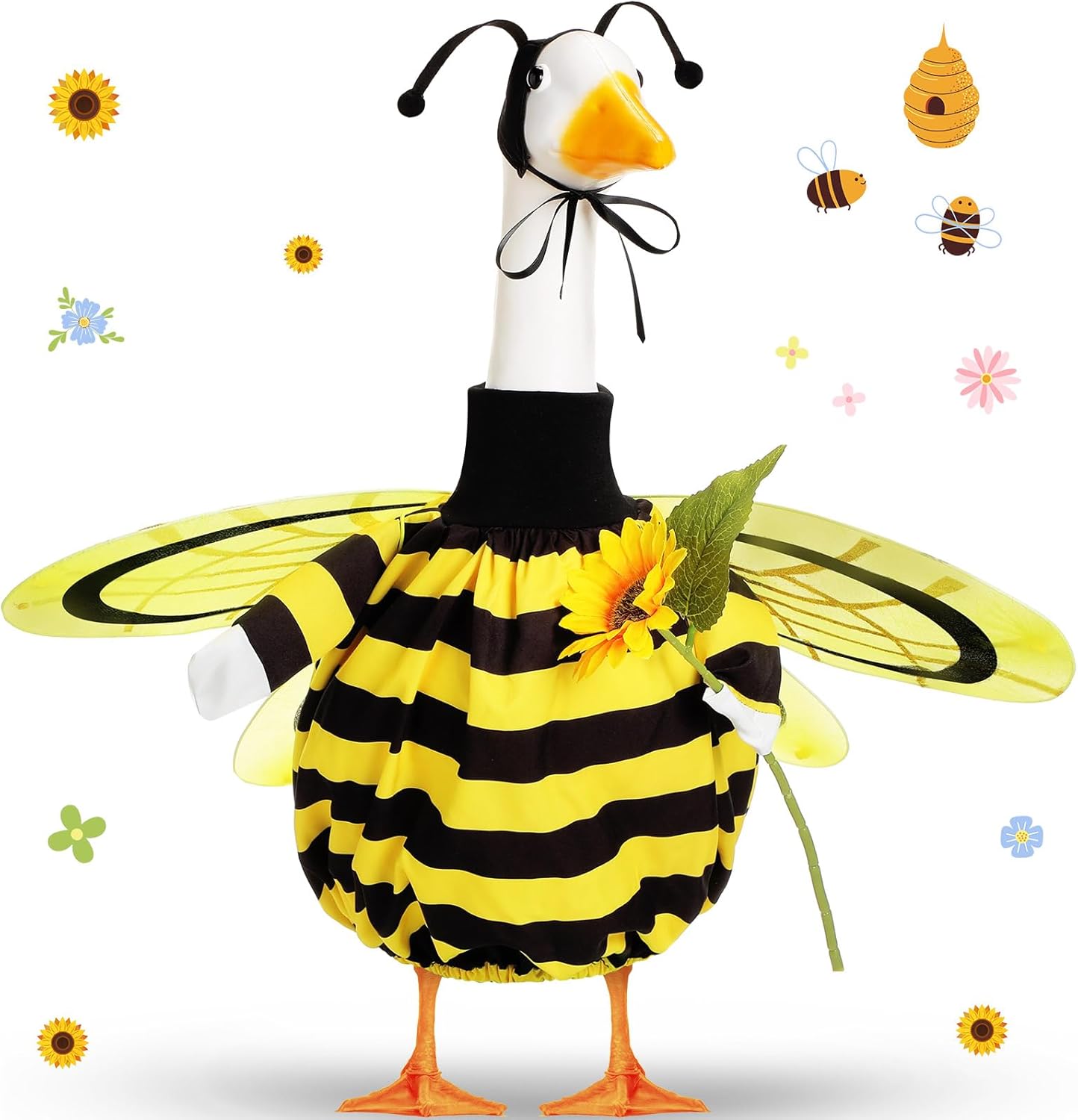 FuWeave Spring Bee Goose Outfit for 23" Porch Goose Clothes with Bee Wings Sunflower for Spring Easter Outdoor Patio Yard Lawn Art Decoration