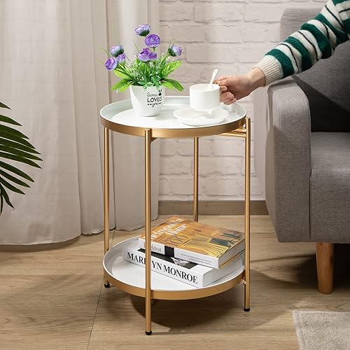 Miniatura 8 de HollyHOME Mesa auxiliar redonda dorada de 2 niveles, soporte plegable pequeño para exteriores con bandeja extraíble, mesa asional de metal