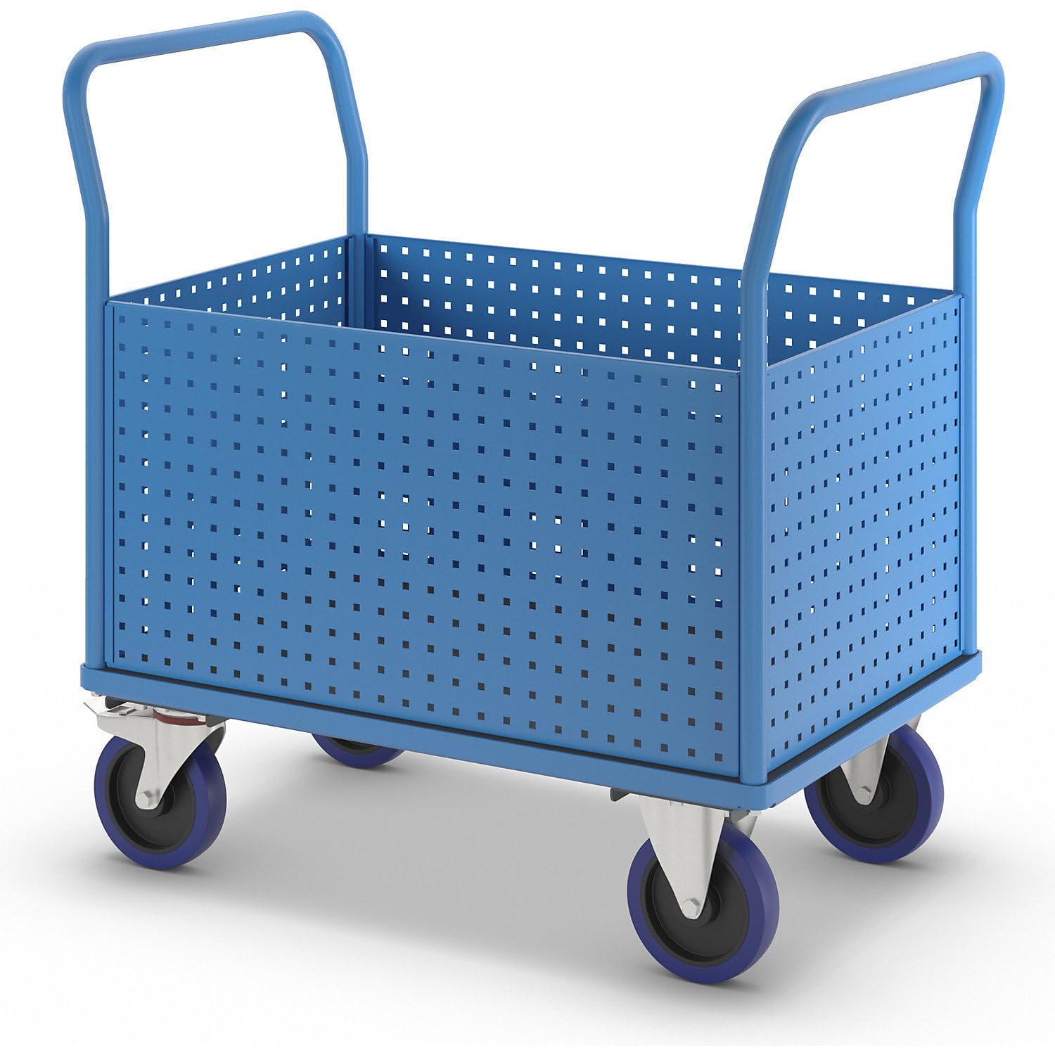 eurokraft pro | Plattformwagen | Mit 4 hohen Lochblechwänden, LxB 1050 x 700 mm, Vollelastik