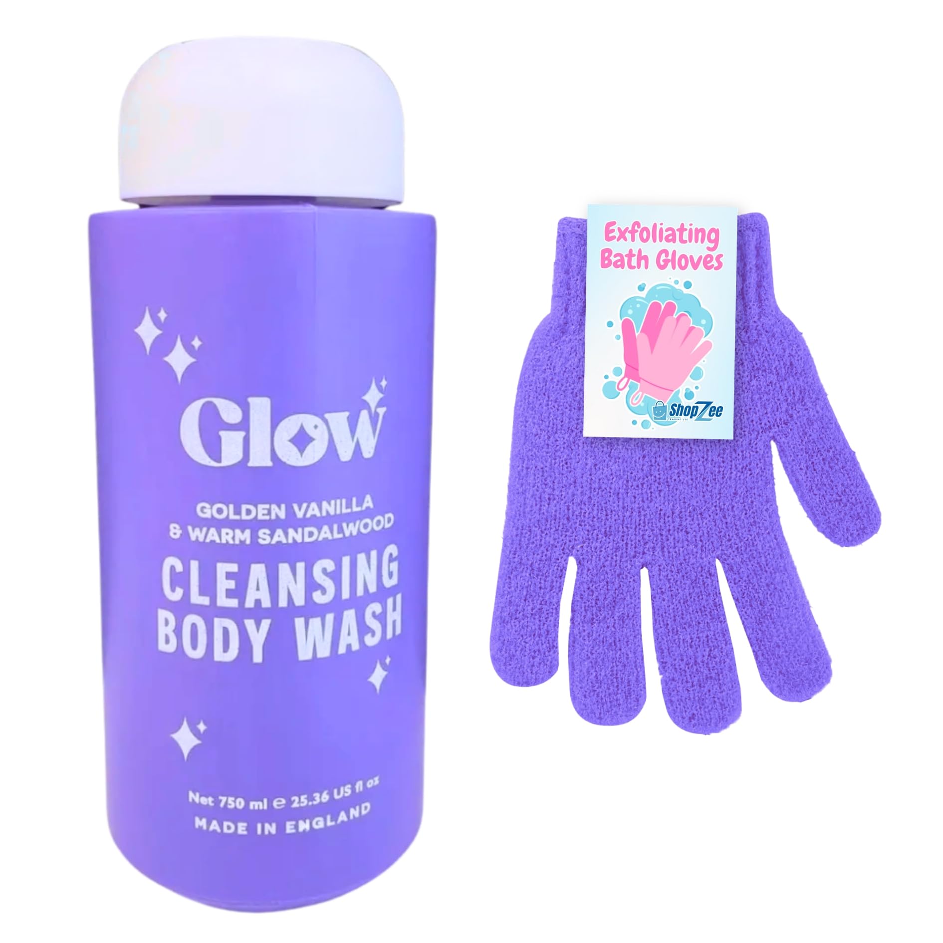 Glow Cleansing Body Wash 750ml and ShopZee Exfoliating Bath Gloves Set | Gel-Based Shower and Bath Formula | Exfoliated, Hydrated, Glowing Skin | Made in the UK (Golden Vanilla & Warm Sandalwood)
