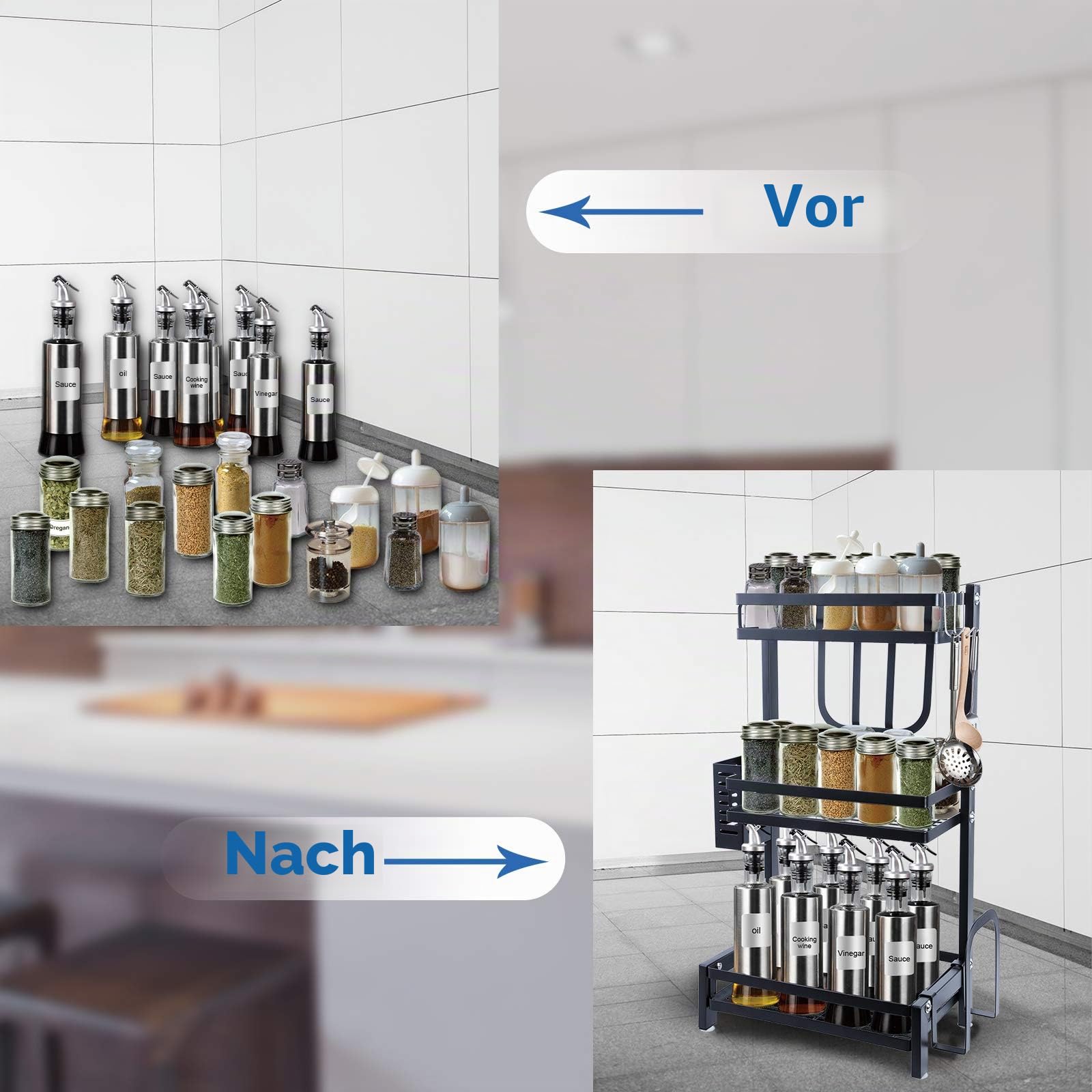 Uten Gewürzregal, 2-Stöckiges Gewürzregal Stehend mit 3 Haken, Gewürzregal Essstäbchenregal Messerregal Schneidebrettregal für Küchenarbeitsplatte, Geeignet für Küchenarbeitsplatten