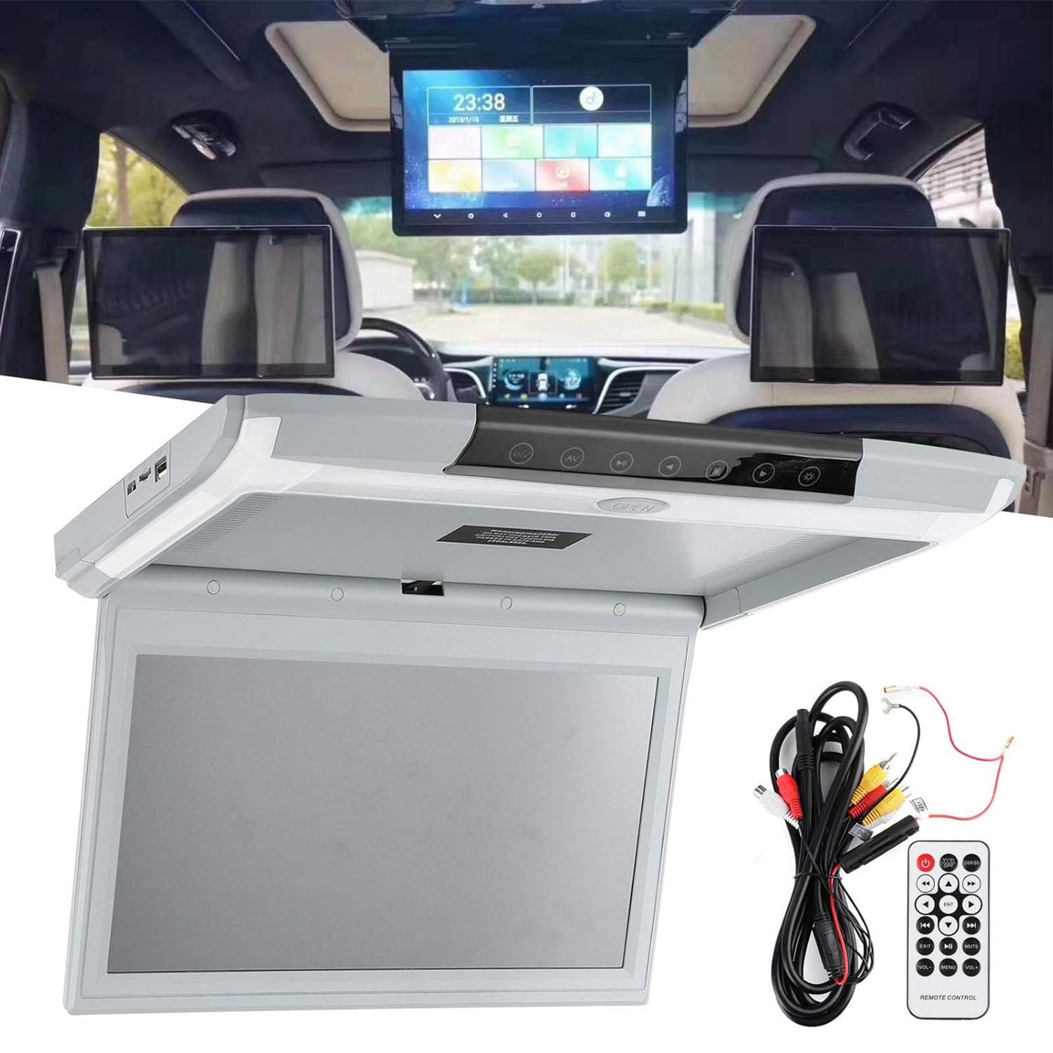 Monitor De Techo De Coche,17.3 Pulgadas Monitor De Techo De Coche HD 1080p TV Mp5 Pantalla IPS ángulo De Visión Completo Abatible hacia Abajo Monitor De Coche con USB TF HDMI FM Grey