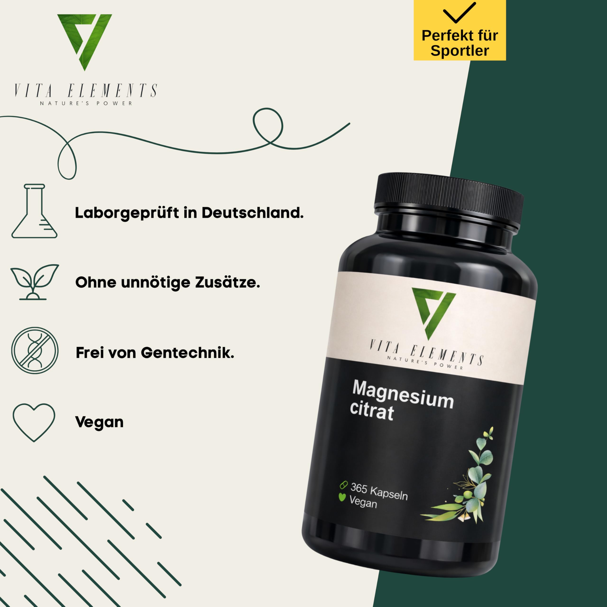 Vita Elements Premium Magnesiumcitrat - 365 Kapseln - 360mg elementares Magnesium - 4 Monate Vorrat - Laborgeprüft - Vegan - Ohne Zusätze – Hochdosiert