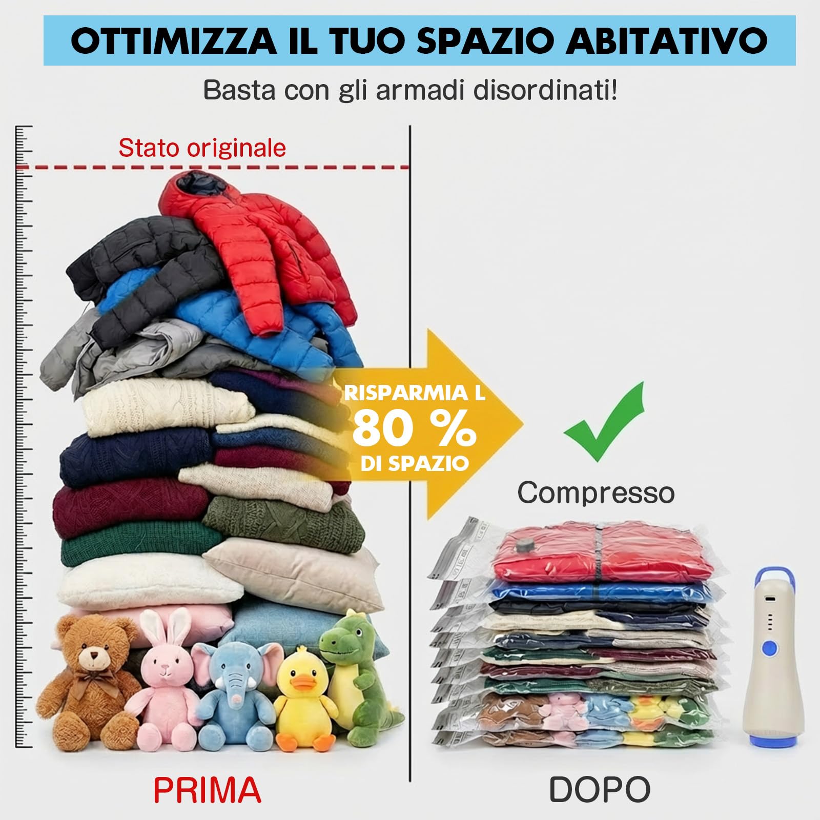 Sacchetti Sottovuoto Vestiti con Pompa Wireless 4500Pa, Set 20 | 3 misure: 50 × 40, 60 × 40 e 60 × 50 cm, fino all’80% di spazio in meno per viaggio, valigia, armadio e biancheria