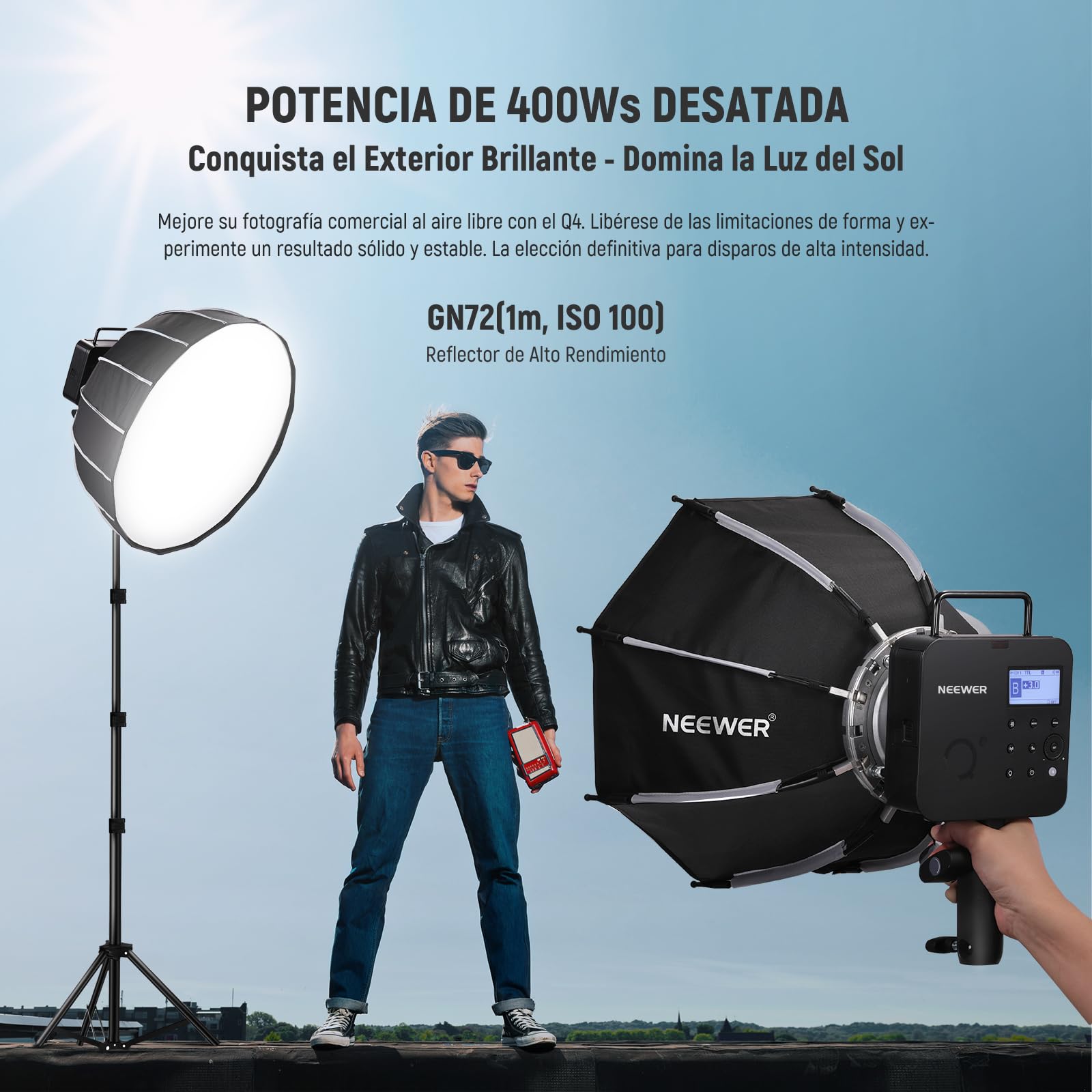 NEEWER Q4 400Ws 2.4G TTL Flash Estudio Exterior (Nuevo Diseño),Compatible con Godox, HSS 1/8000s /Batería 2800mAh / Lámpara Modelado 30W / 400 Destellos/Monoluz Strobe Opico Montura Bowens Fotografía