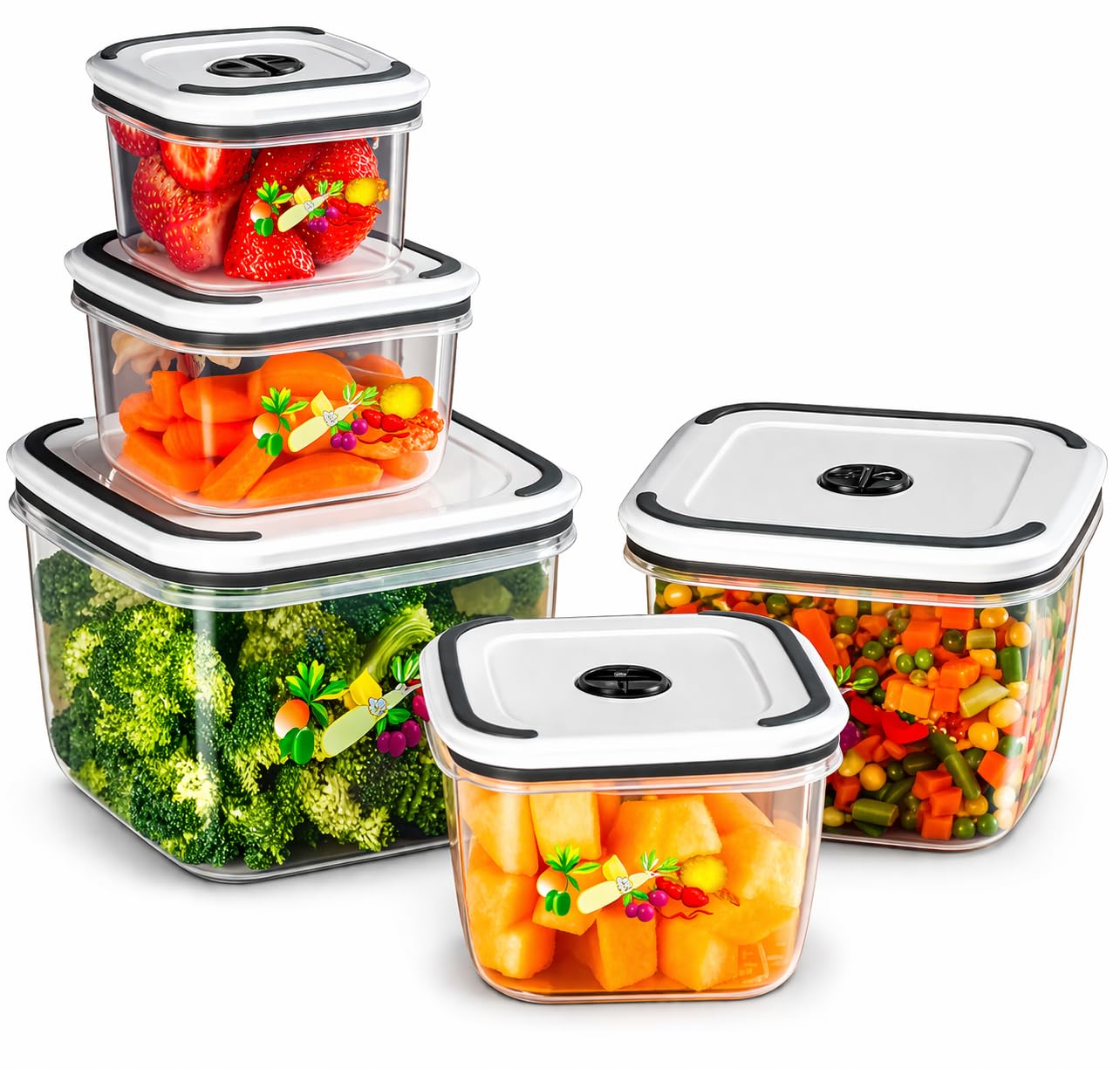 Kit 5 Potes Herméticos Quadrados com Tampa e Vedação em Silicone – BPA Free | Empilháveis | 360ml, 650ml, 1000ml, 1800ml e 2300ml