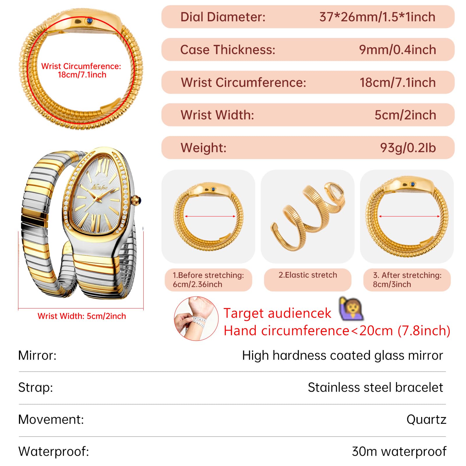 Orologio classico a forma di serpente da donna, oro e argento, cinturino scalabile, orologi al quarzo con diamanti brillanti