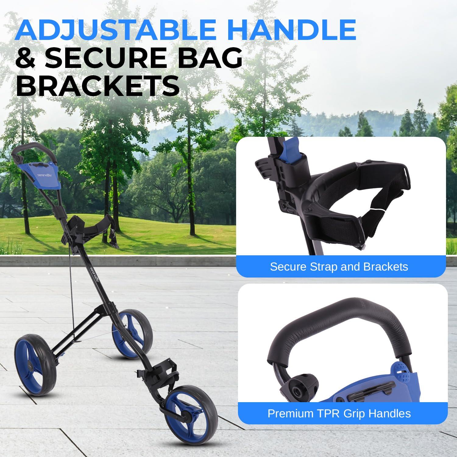SereneLife Carrello da Golf a 3 Ruote – Carrello Pieghevole con Telaio in Acciaio con Porta segnapunti Deluxe, Manico Regolabile, Freno rapido, Cinghia per Borsa, Leggero e Compatto