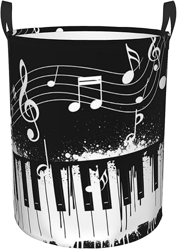 Cesta de lavandería plegable redonda independiente compatible con teclas de piano blanco y negro con notas musicales, cesta de lavandería